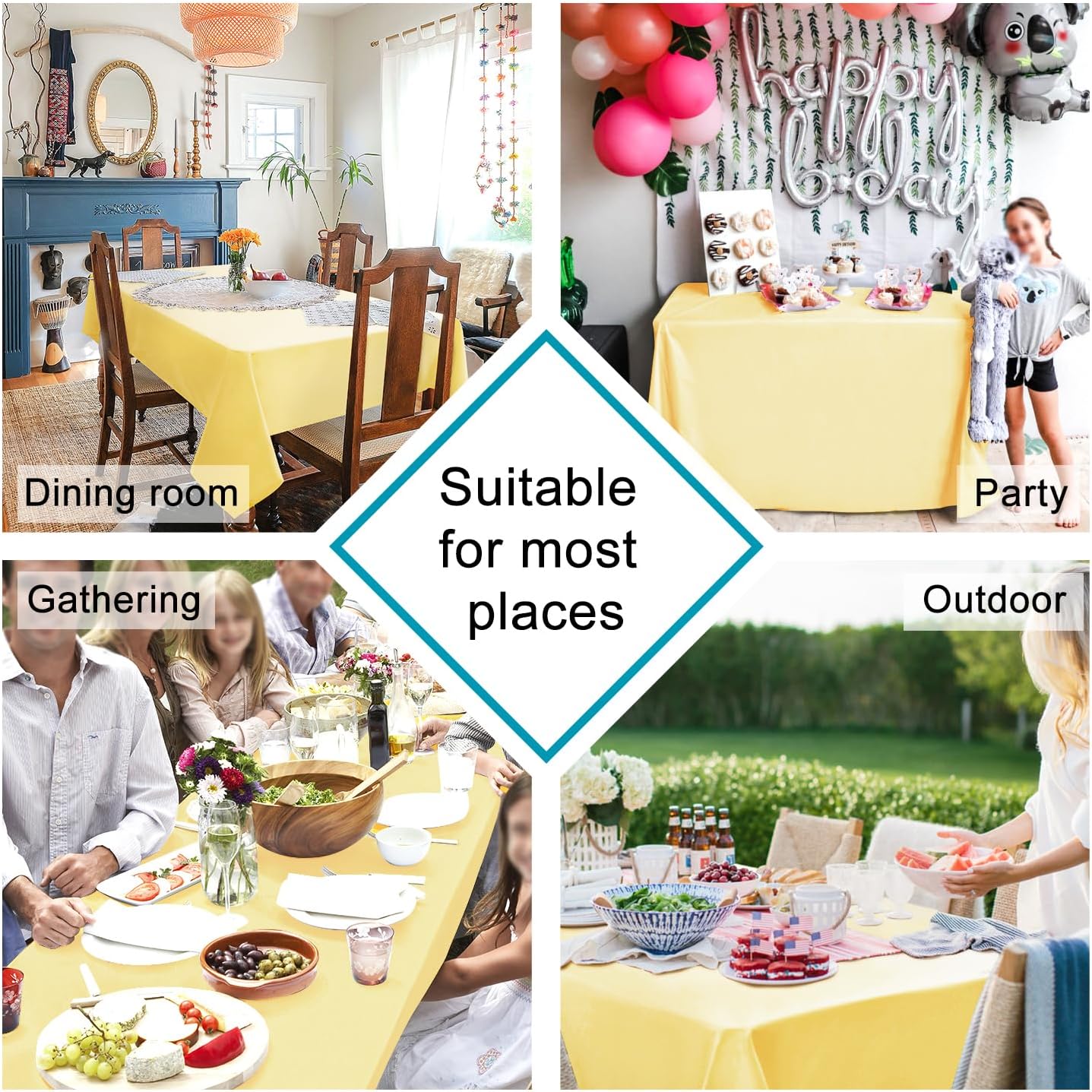 Hiasan Waterproof Tablecloth Rectangle - Washable Fabric Table Cloth for Dining Room Kitchen Birthday Party and Outdoor Use, Light Yellow, 70 x 140 Inch