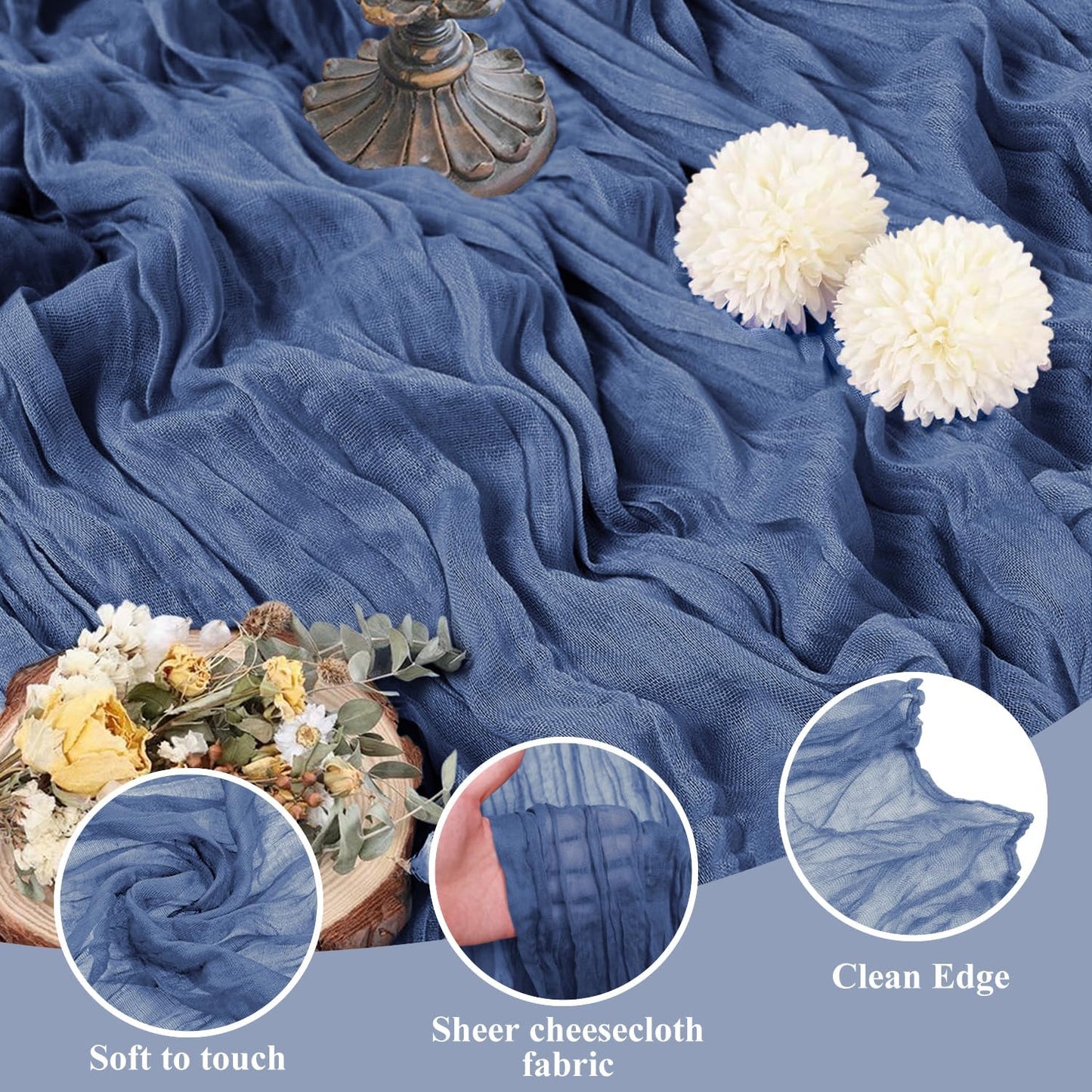 Asee'm Cheesecloth Table Runner 120 Inches Blue Boho Gauze Cheese Cloth Runner 10FT Rustic Sheer Dining Table Runners for Fall Thanksgiving Wedding Baby Shower Centerpiece Decoration