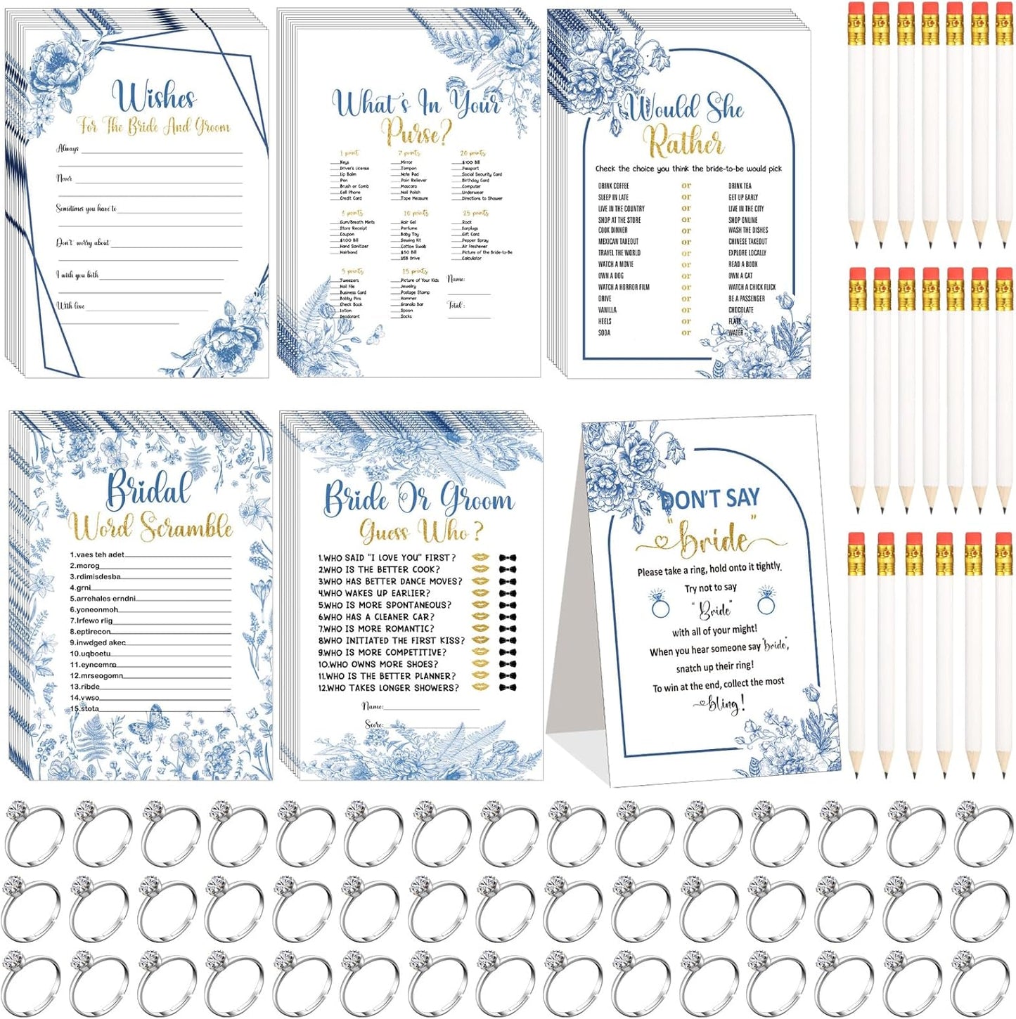Estune 331 Pcs Bridal Shower Games Supplies, 5 Sets 250 Pcs Wedding Games Cards, 60 Pcs Rings, 20 Pcs Pencils (Blue Floral Style)