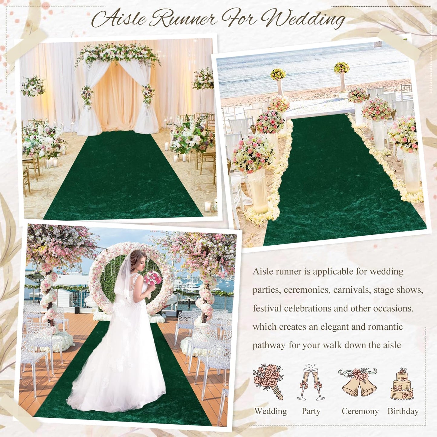 MODFUNS Hunter Green Carpet Runner for Parties 4x30FT Velvet Aisle Runner for Wedding Ceremony Aisle Floor Runners Hallway Runner Rug with Carpet Tape Wedding Runners Aisle for Beach Church Reception