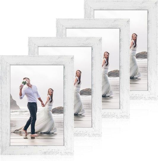 6x9 Picture Frame Set of 4, High Definition Glass Distressed White Frame, 6 x 9 Wood Photo Frames for Horizontal or Vertical Tabletop Display and Wall Mounting