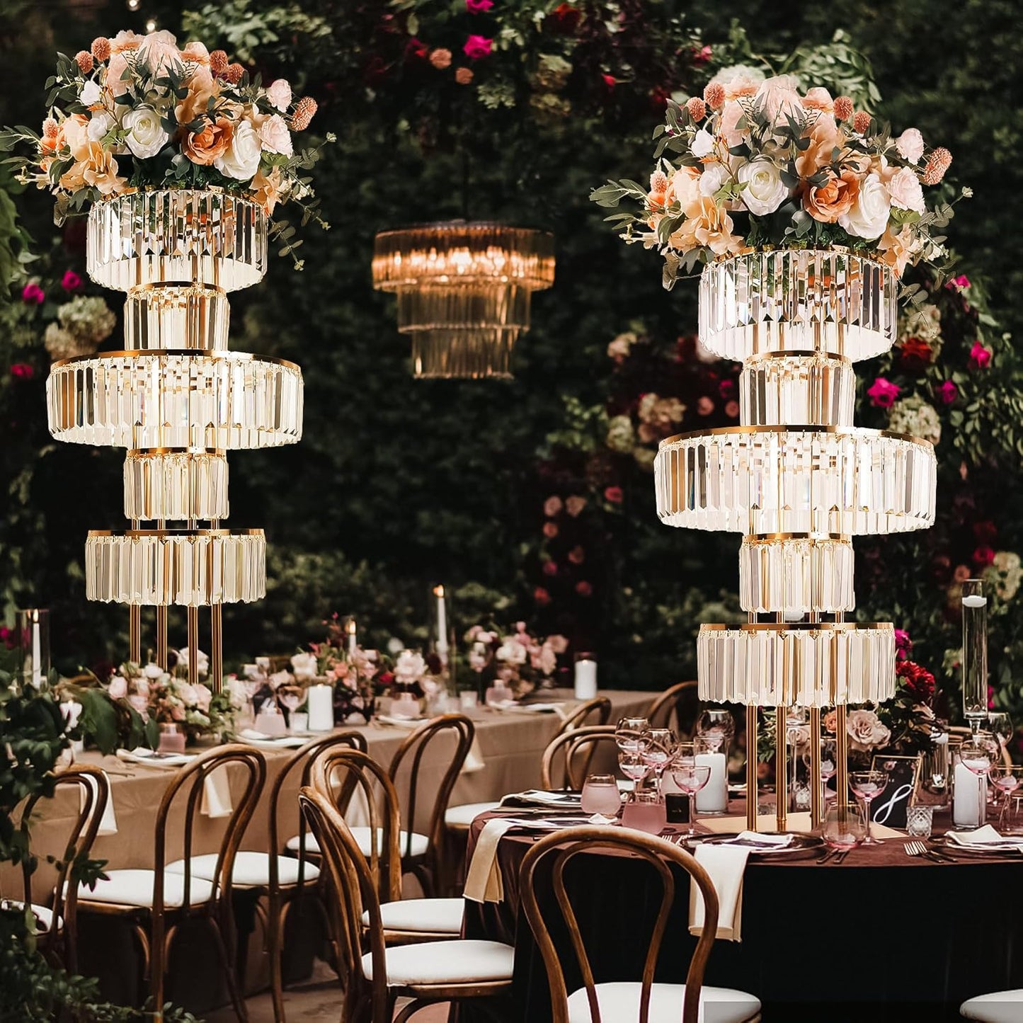 Gold Crystal Vases for Centerpieces, 47.2in Metal Pedestal Stands for Table Chandelier Centerpiece Wedding, 5 Tier Round Flower Stand for Wedding Reception Birthday Party Events Home Decor