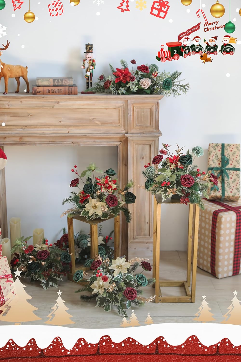 Serra Flora Artificial Christmas Flowers Greenery Combo Box Set Faux Flowers Bulk Flower Leaf with Stems for DIY Tree Ornaments Xmas Wreath Floral Arrangements Centerpieces