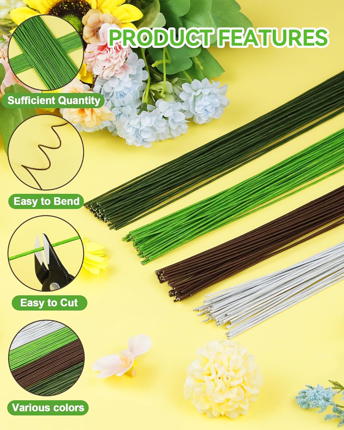 100 PCS FIVEIZERO 18 Gauge LightGreen Floral Wire Stems for Artificial Flower Making,Florist Wire,Flower Wires for Crafts,Alambre para Flores for Wreaths, Flower Arrangements and DIY Projects