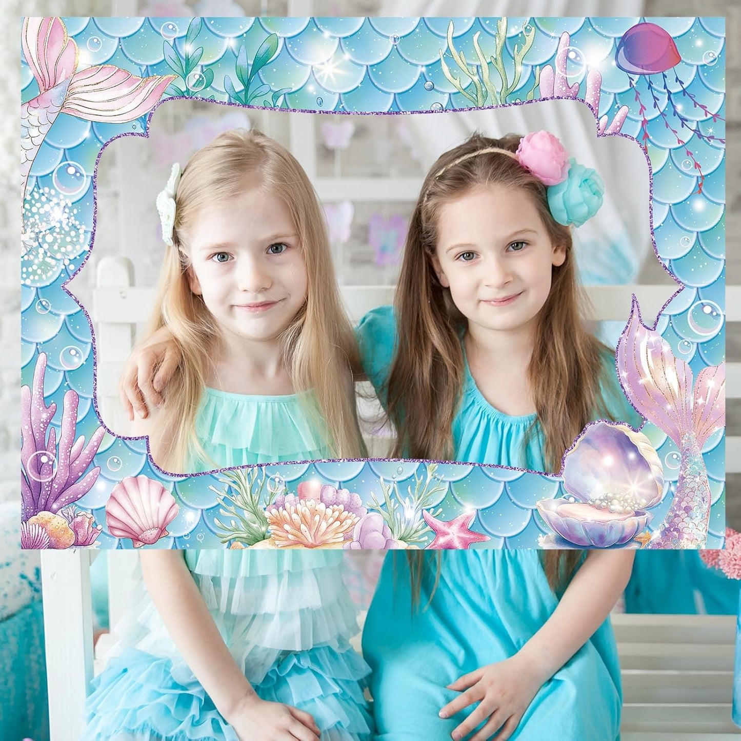 Upgraded 32 x 24 Inch Large Photo Booth Props Picture Frame Vintage Photo Frame Friends Selfie Props for Halloween Carnival Christmas Wedding Mexico Party Favors(Mermaid Style)