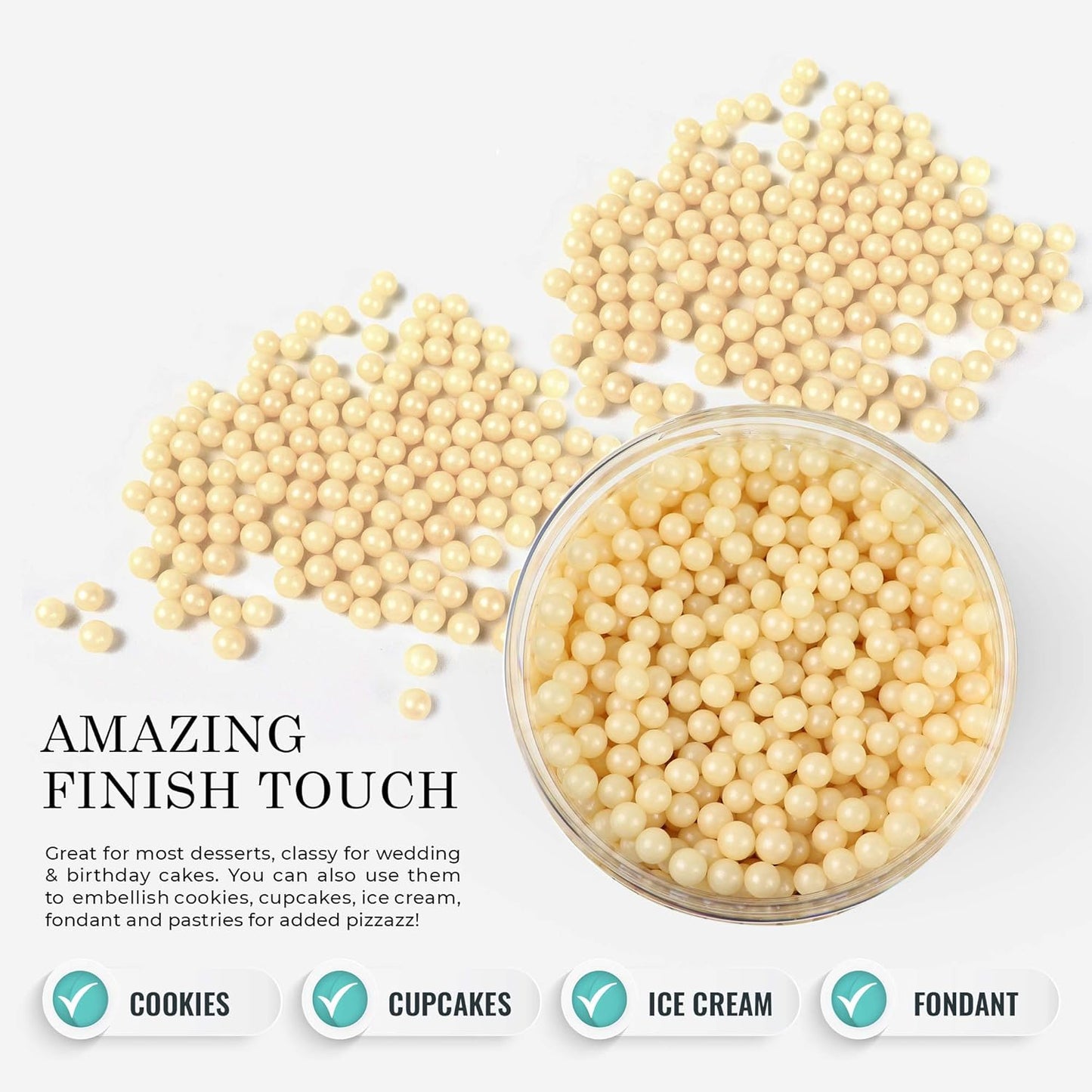 O'Creme Ivory Edible Sugar Pearls Cake Decorating Supplies for Bakers: Cookie, Cupcake & Icing Toppings, Beads Sprinkles For Baking, Certified, Candy Sugar Ball Accents (5mm, 32 oz)
