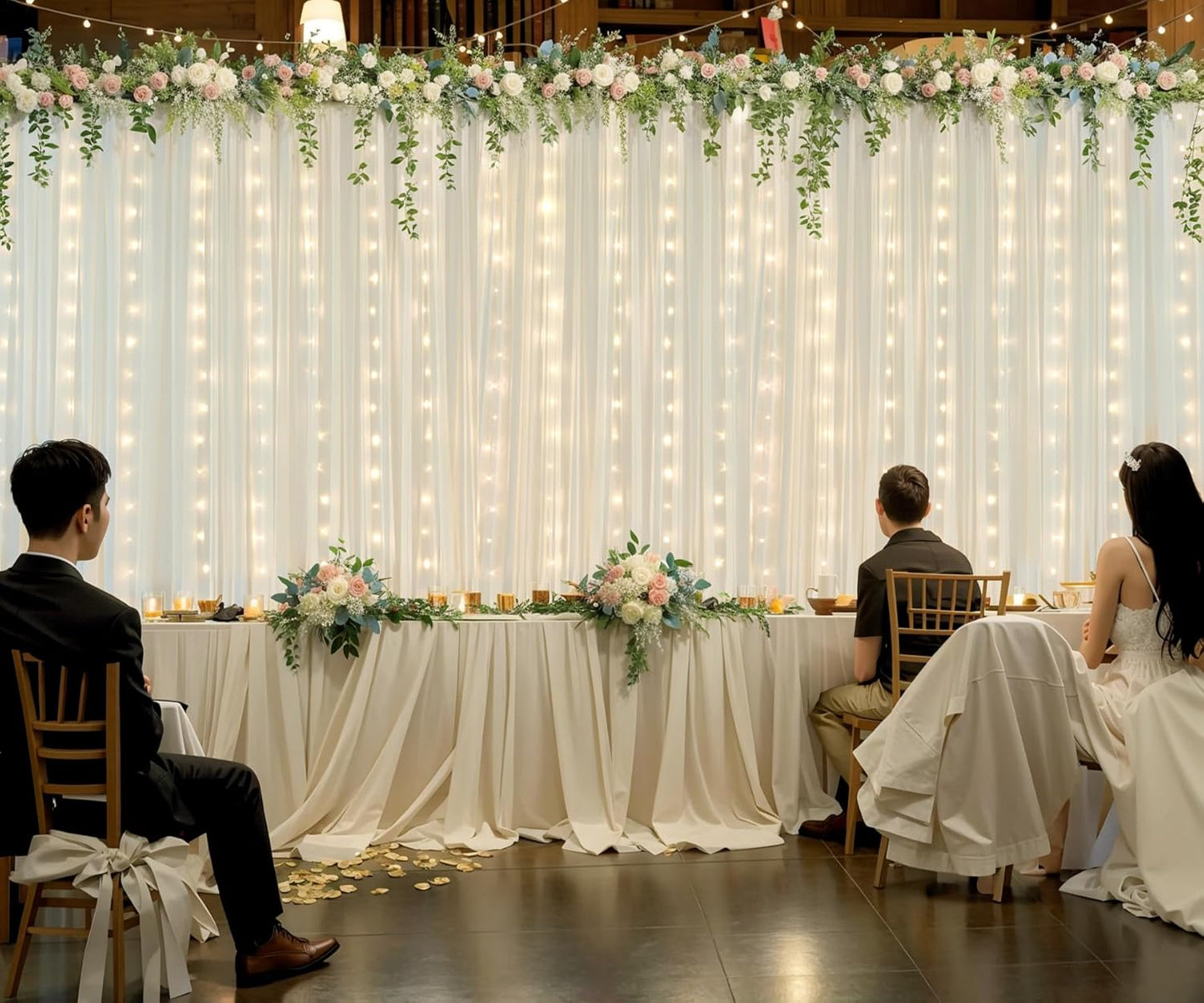 Ivory Tulle Backdrop Curtains with Lights String for Parites Wedding 20×8ft Ivory Sheer Backdrop Curtains for Baby Shower Birthday Party Photo Shoot Background Decorations(4 Panels 5ft×8ft)