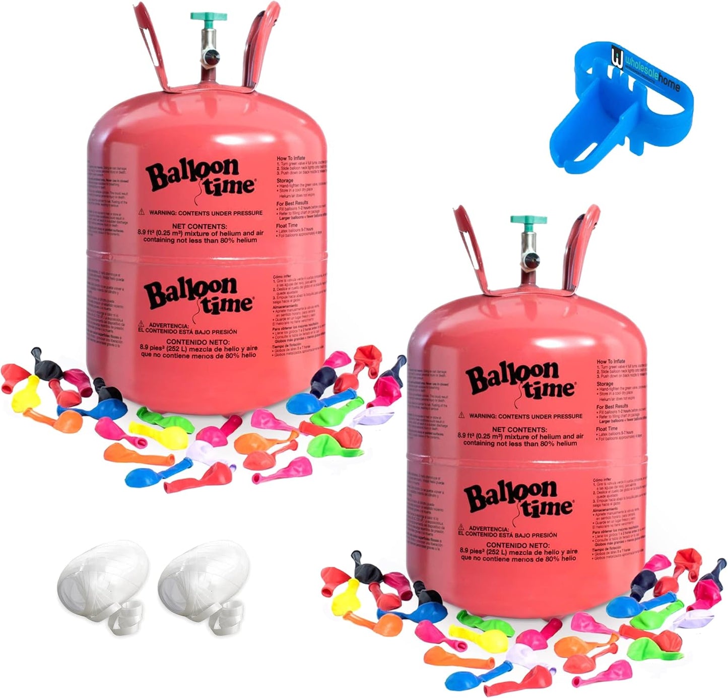 Helium Tank for Balloons At Home, 14.9 Cu Ft Helium Balloon Pump Kit with 50 Assorted Latex Balloons, White Curling Ribbon and Wholesalehome Balloon Tie Tool, 2 Pack