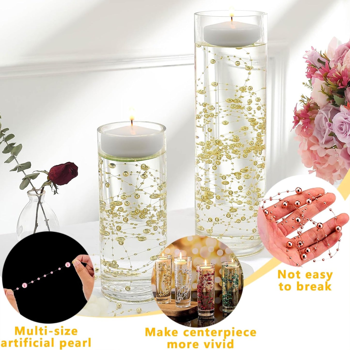 100 PCS Artificial Floating Beads for Centerpieces Vases, White 8+3mm String Beads for Wedding Party Faux Pearl String for Decorating, String Pearls for Crafts Vase Filler