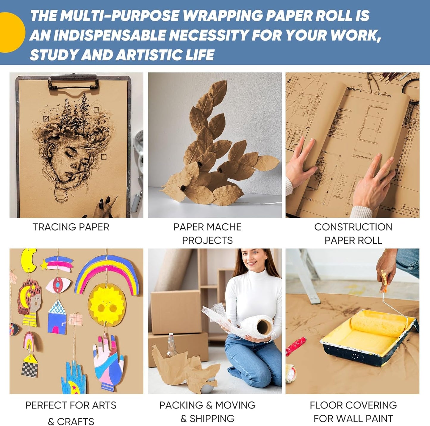 Wrapping Paper, 17.8" x 1200" Brown Kraft Paper Roll Bulletin Board Easel Poster Decorative Kraft Paper, Fathers Day Bouquet Flower Gift Wrap, Table Floor Covering Packing Shipping Moving Supplies
