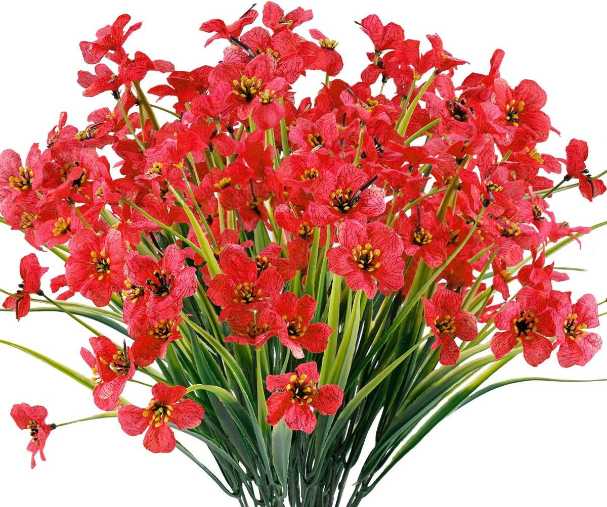 12 Bundles Artificial Flowers Outdoor UV Resistant Fake Flowers No Fade Faux Plants Garden Porch Window Box Decorating (Deep Red)