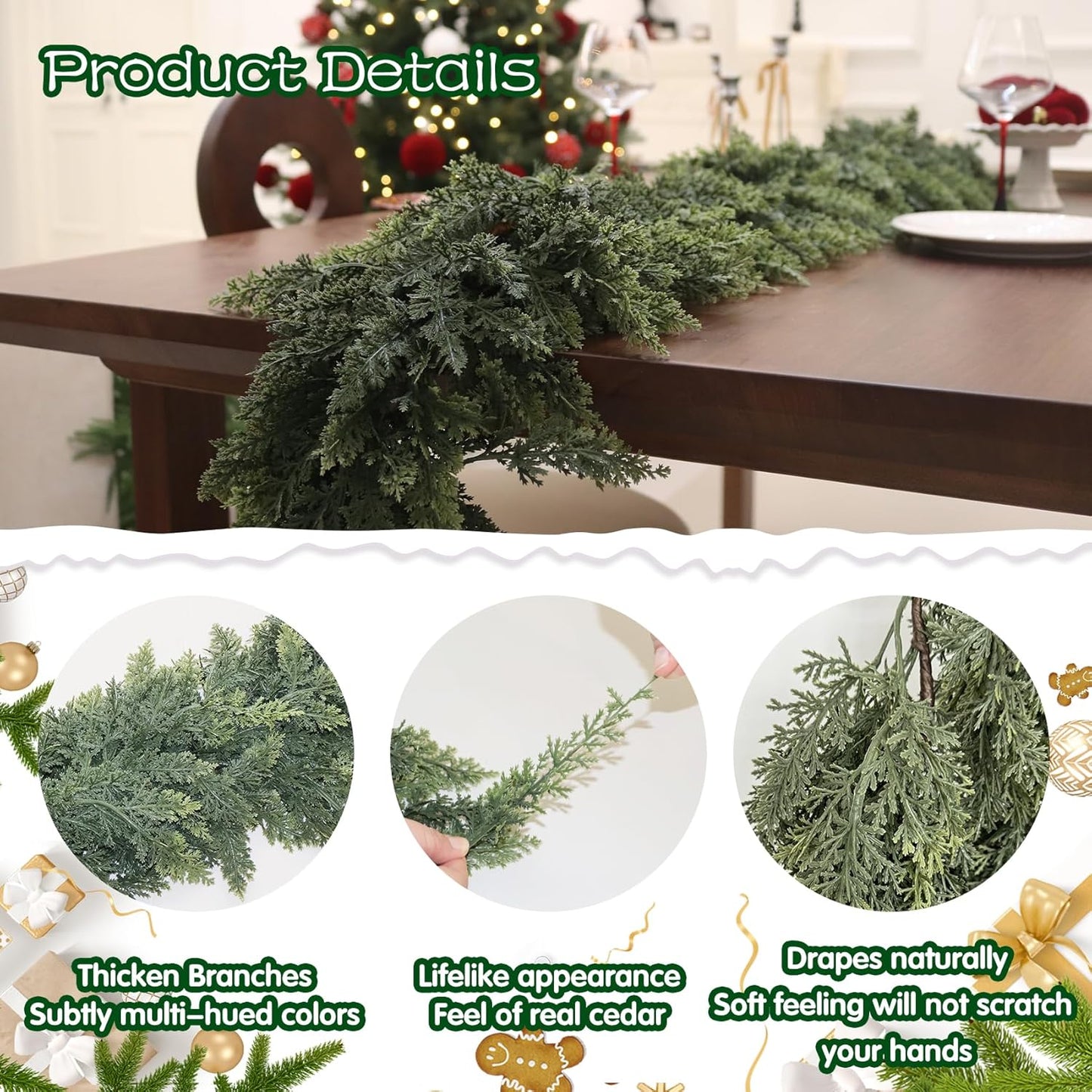 9FT Artificial Cedar Garland for Christmas Decoration - Realistic Winter Greenery Garland for Mantel, Fireplace, Table, Door, Holiday Indoor Outdoor Decor