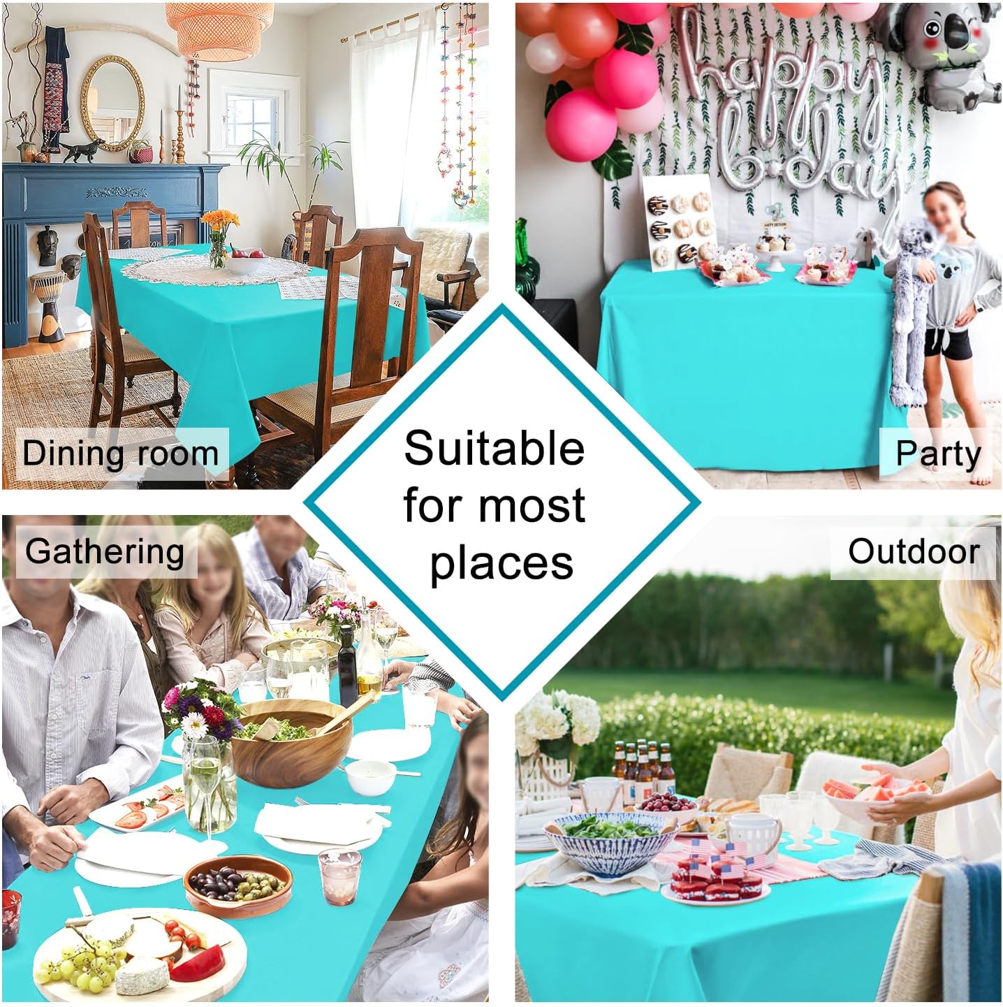 Hiasan 2 Pieces Solid Rectangle Tablecloth - Waterproof and Spillproof Washable Polyester Fabric Table Cloth for Kitchen and Dining Room, Aqua, 60 x 84 Inch