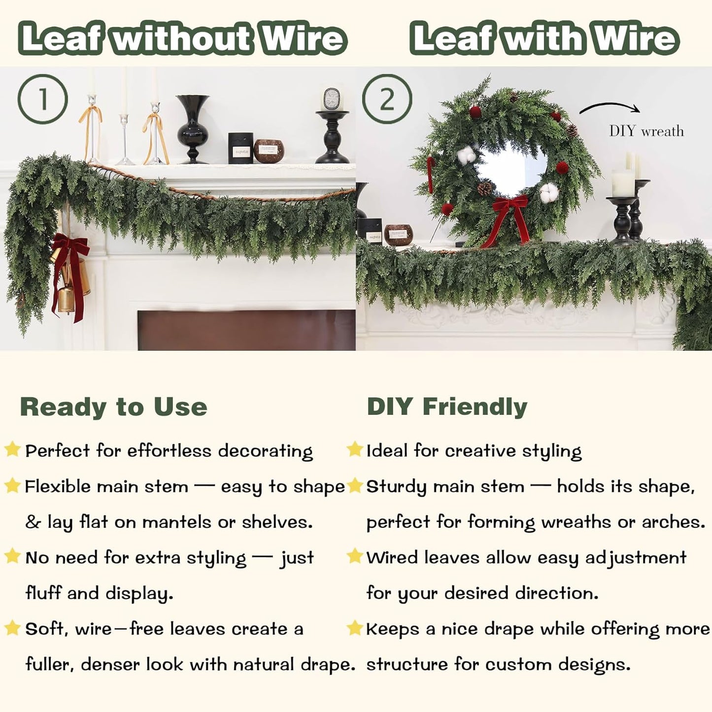 Artificial Cedar Garland for Christmas Decoration - Realistic Winter Greenery Garland for Mantel, Fireplace, Table, Door, Holiday Indoor Outdoor Decor 6FT
