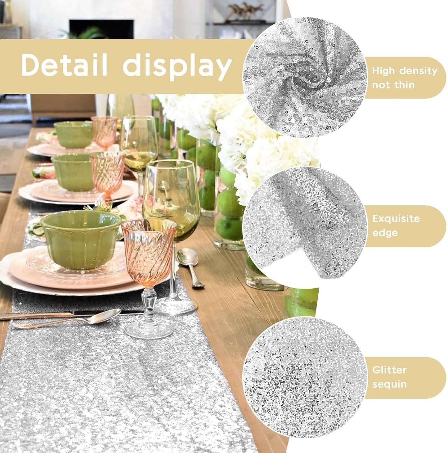 10 Packs 12 x 72 inches Sequin Table Runner, Silver Glitter Table Runner for Birthday Party Supplies Wedding Engagement Baby Shower Holiday Celebration Event Decorations