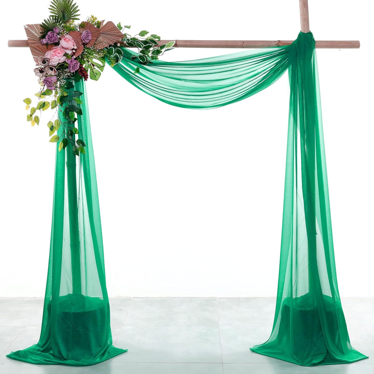 VDS Pack of 2 Panel (30 Inch X 20 Feet) Wedding Arch Draping Fabric Sheer Chiffon Fabric Drapery for Wedding Ceremony Reception Swag Backdrop Canopy Chuppah ARBO Altars Decoration (Emerald)