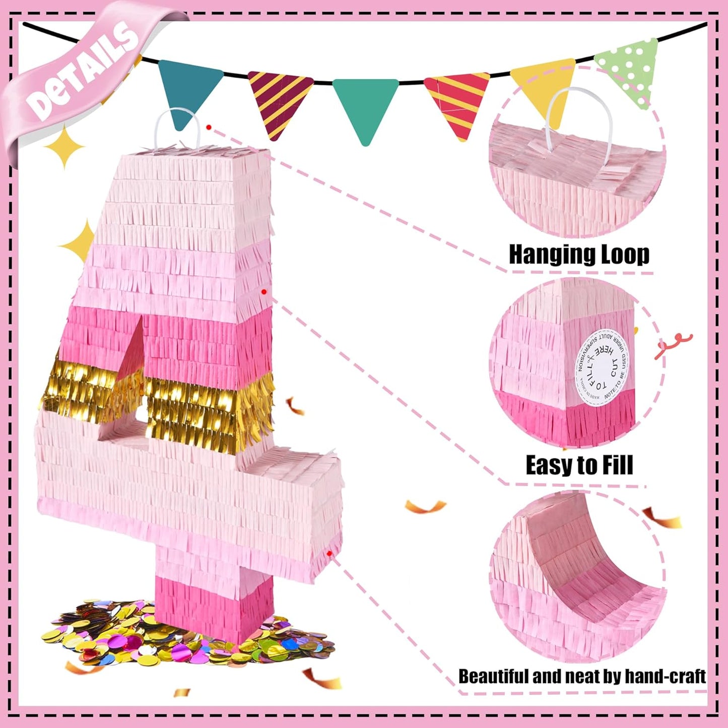 PCFING 20 Inch Number 4 Piñata Pink Gold with 30 Inch Piñata Stick Blindfold Confetti for Boys Girls Adults Birthday Party Decorations, Anniversary Celebration, Fiesta