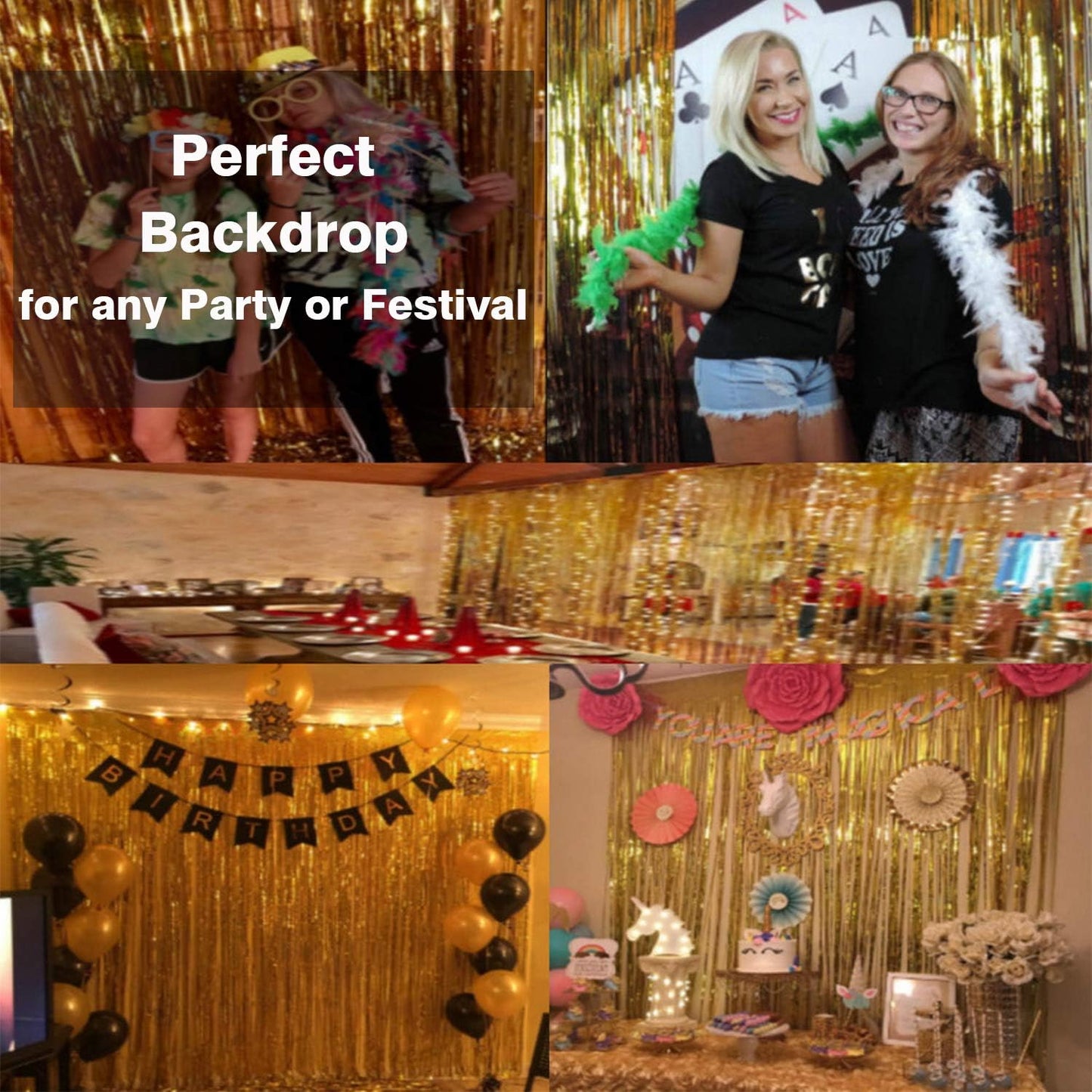 GOER 3.2 ft x 9.8 ft Metallic Tinsel Foil Fringe Curtains,Pack of 2 Party Streamer Backdrop for Birthday,Graduation Decorations and New Year Eve (Gold)