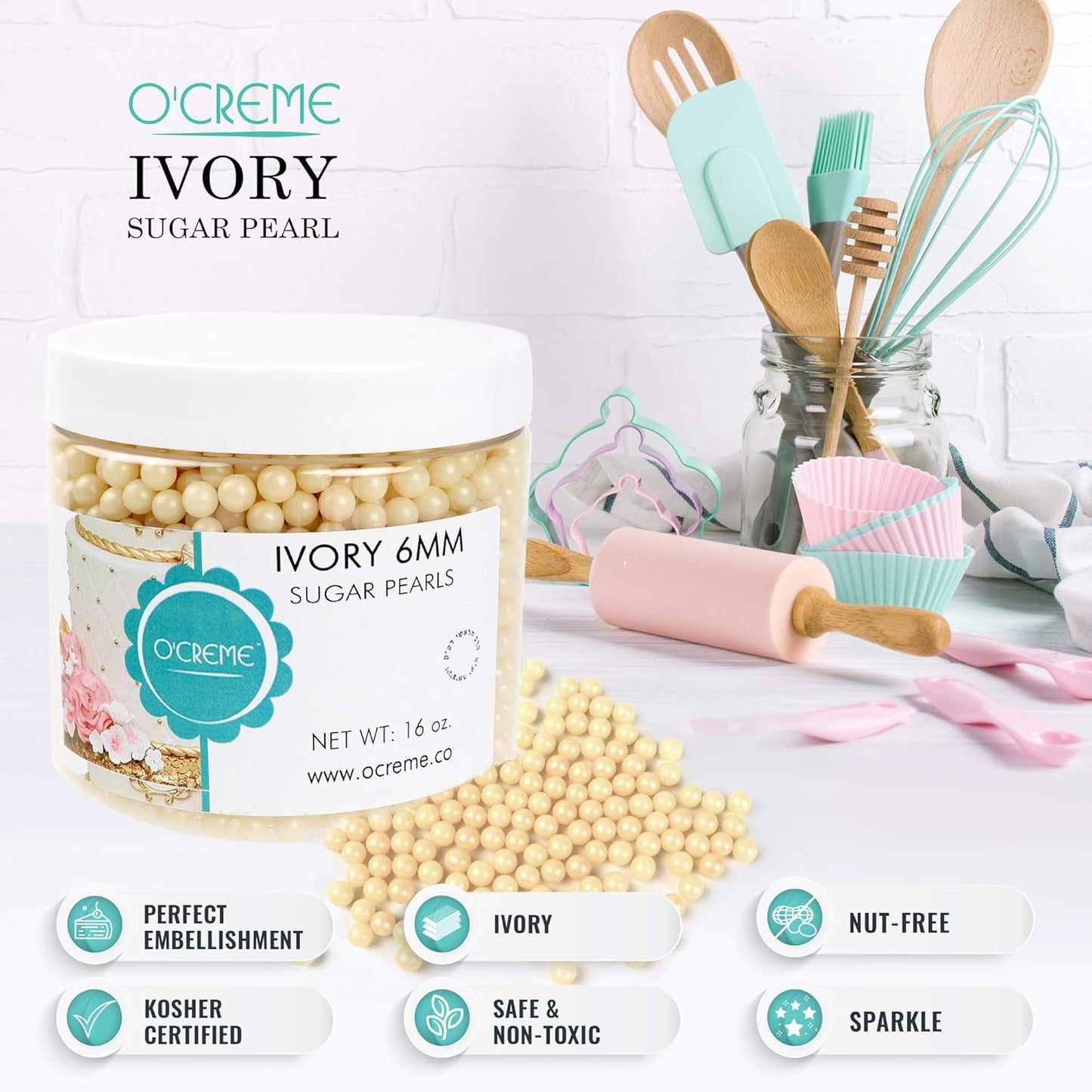 O'Creme Ivory Edible Sugar Pearls Cake Decorating Supplies for Bakers: Cookie, Cupcake & Icing Toppings, Beads Sprinkles For Baking, Certified, Candy Sugar Ball Accents (2mm, 32 Oz)