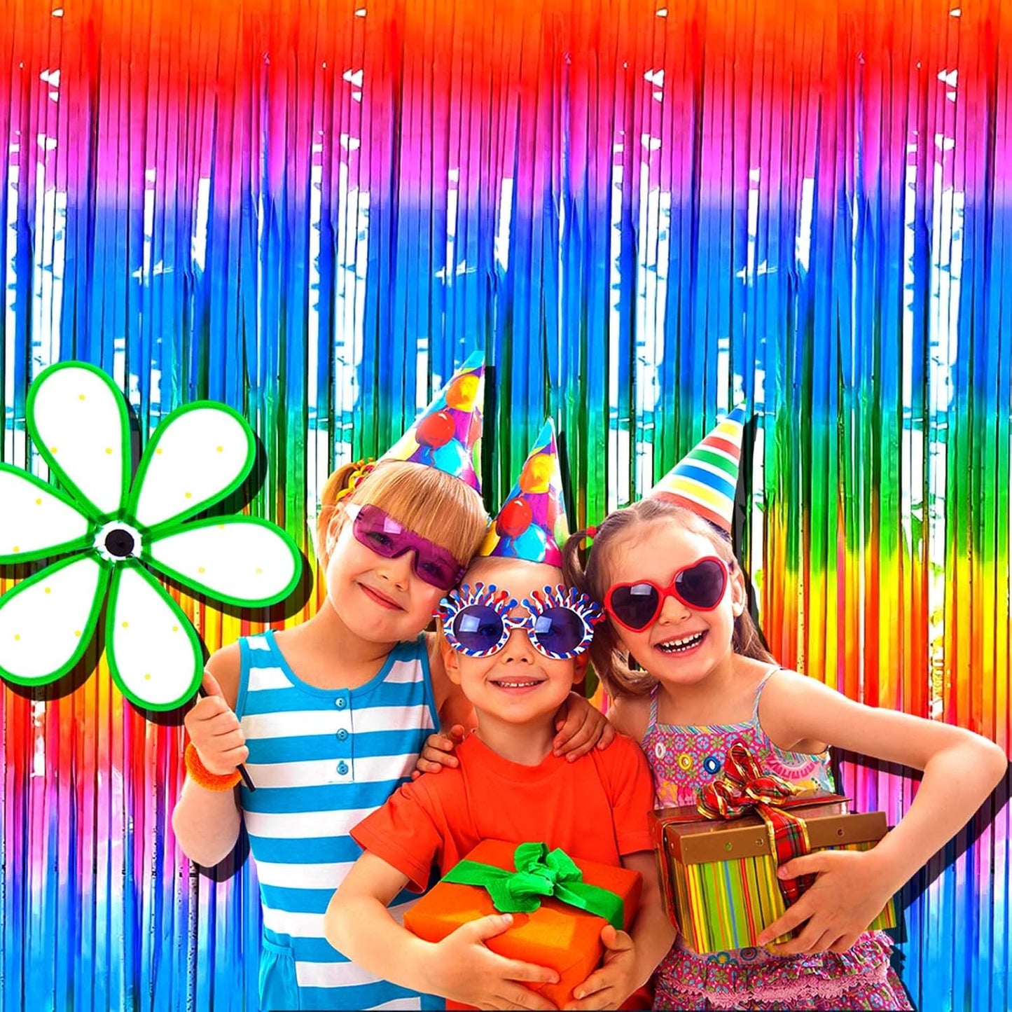 4 Pack Macaron Dark Rainbow Foil Fringe Curtain Backdrop, 3.28Ft x 8.2Ft Colorful Streamers Curtains for Party, Photo Booth Props, Birthday, 2022 Mother's Day Decoration Supplies