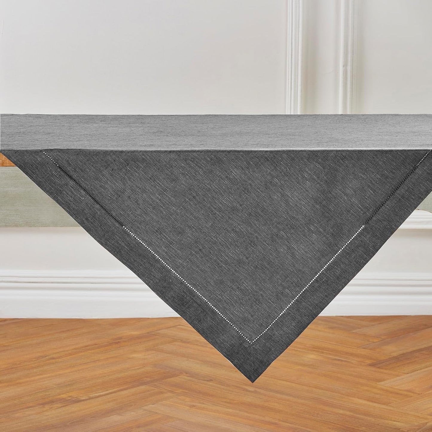Solino Home Linen Tablecloth 52 x 52 Inch - 100% Pure Linen Charcoal Grey Square Tablecloth - Milan Hemstitch, Machine Washable Table Throw for Fall, Autumn, Halloween, Thanksgiving, Christmas