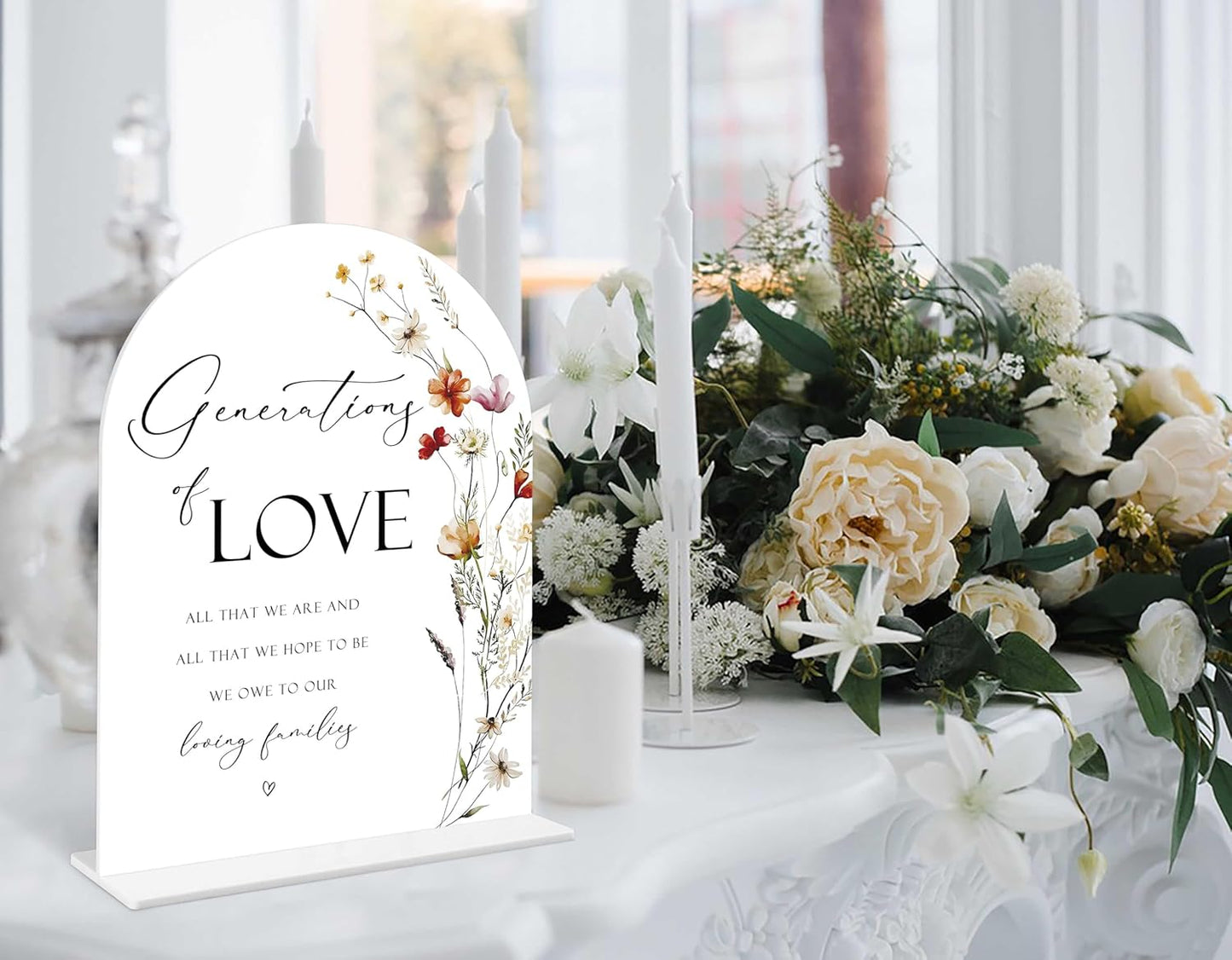 Boho Floral Generations Of Love Sign, 6 x 8 Inch White Arch Acrylic Wedding Sign with Holder, Wedding Sign for Ceremony and Reception, Wedding Decoration, Wedding Supplies - BX16