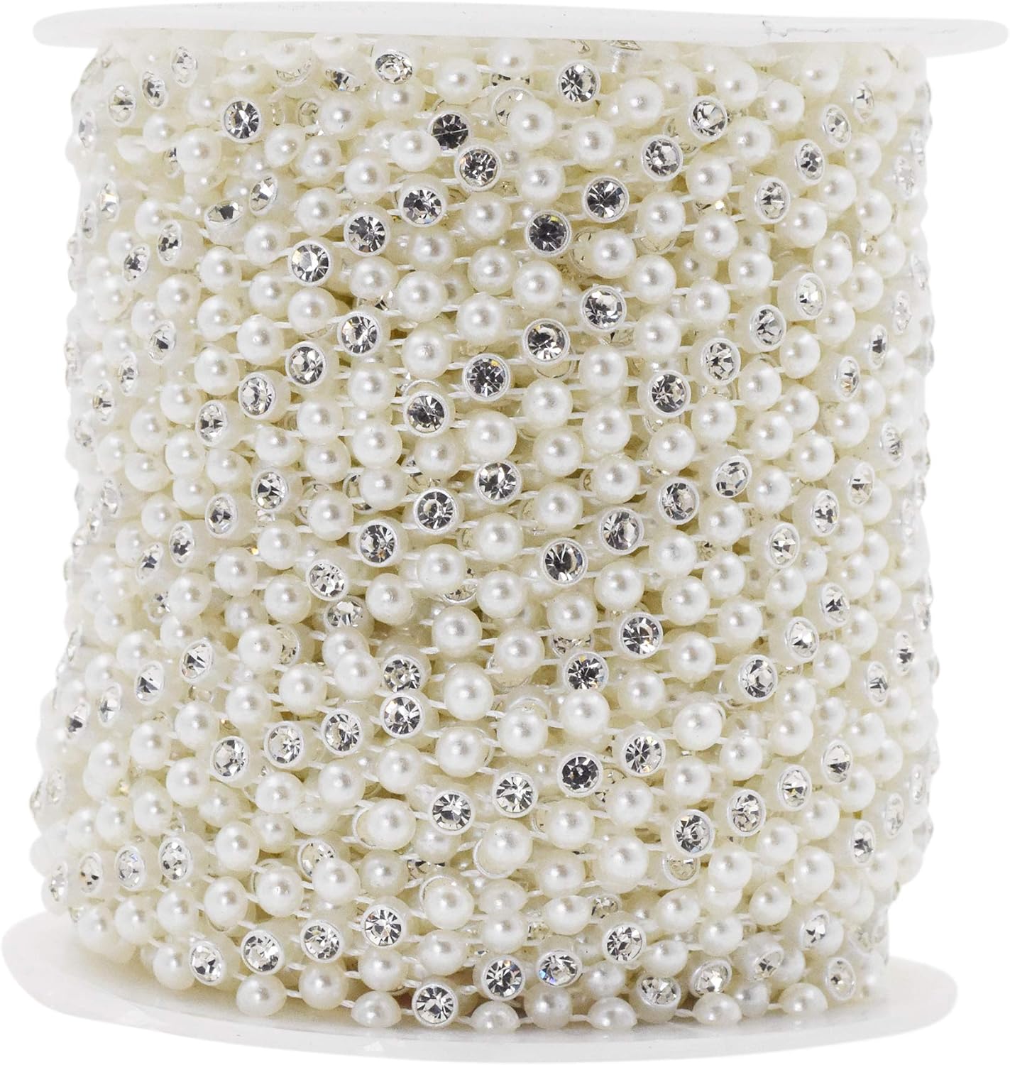 Mandala Crafts 0.5 Inch Crystal Faux White Pearl Beads Roll - 10 Yards Strand of Rhinestones Fake Pearls Chain Garlands Spool String for Christmas Tree, Wedding, Party, Vases, DIY Decoration