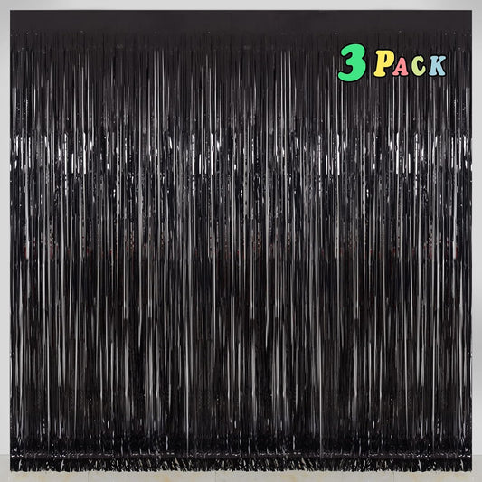 Foil Fringe Curtains Halloween Decor Party Decorations - Melsan 3 Pack 3.2 x 8.2 ft Tinsel Curtain Party Photo Backdrop for Birthday Party Baby Shower or Graduation Decorations (Pure Black)