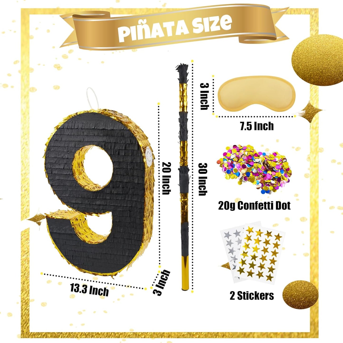 PCFING 20 Inch Number 9 Piñata Gold Black with 30 Inch Piñata Stick Blindfold Confetti for Man Women Boys Girls Birthday Party Decorations, Anniversary Celebration, Fiesta
