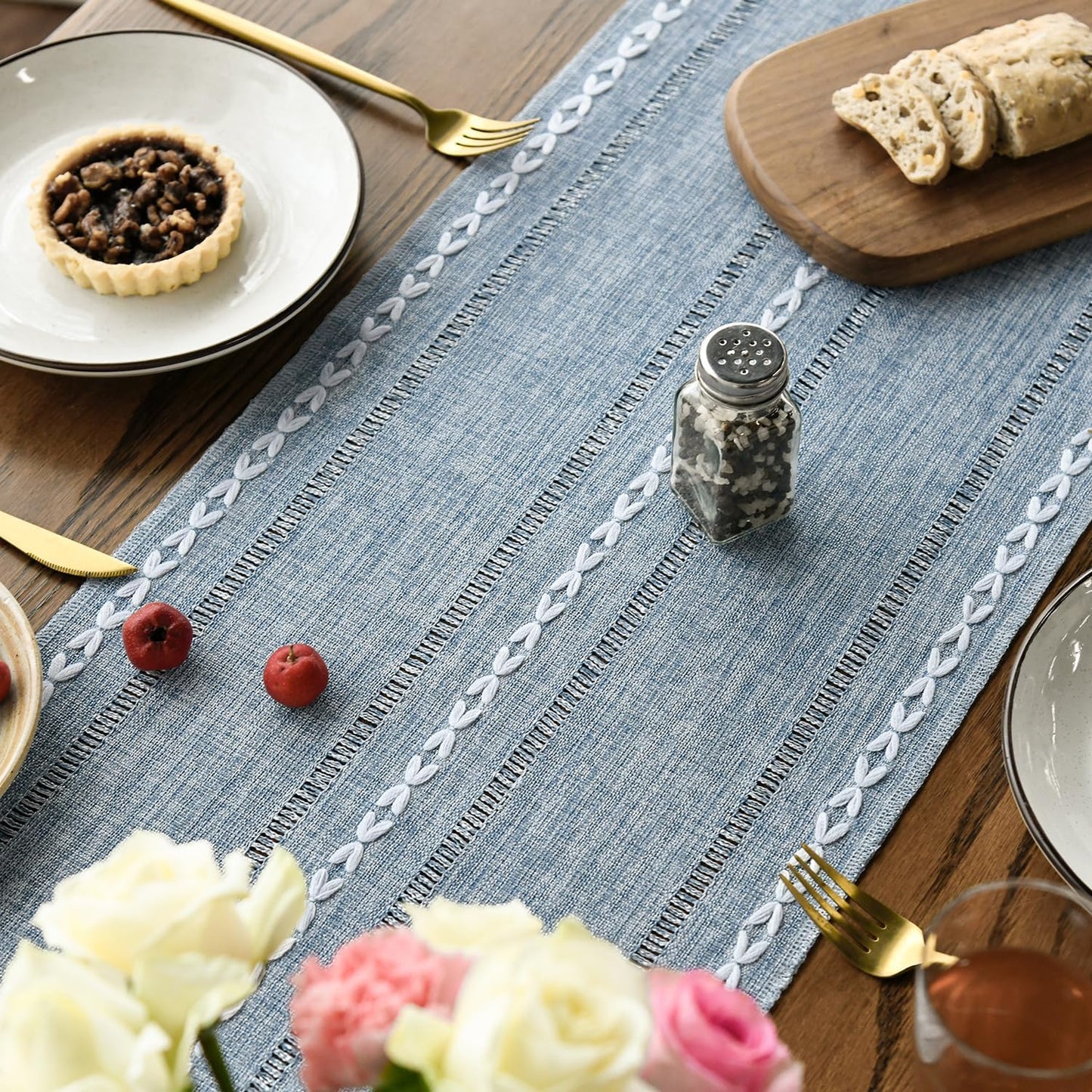Artoid Mode Dusty Blue Cotton Linen Table Runner, Seasonal Rustic Embroidered Hollow Kitchen Dining Table Decoration for Home Party Decor 13x72 Inch