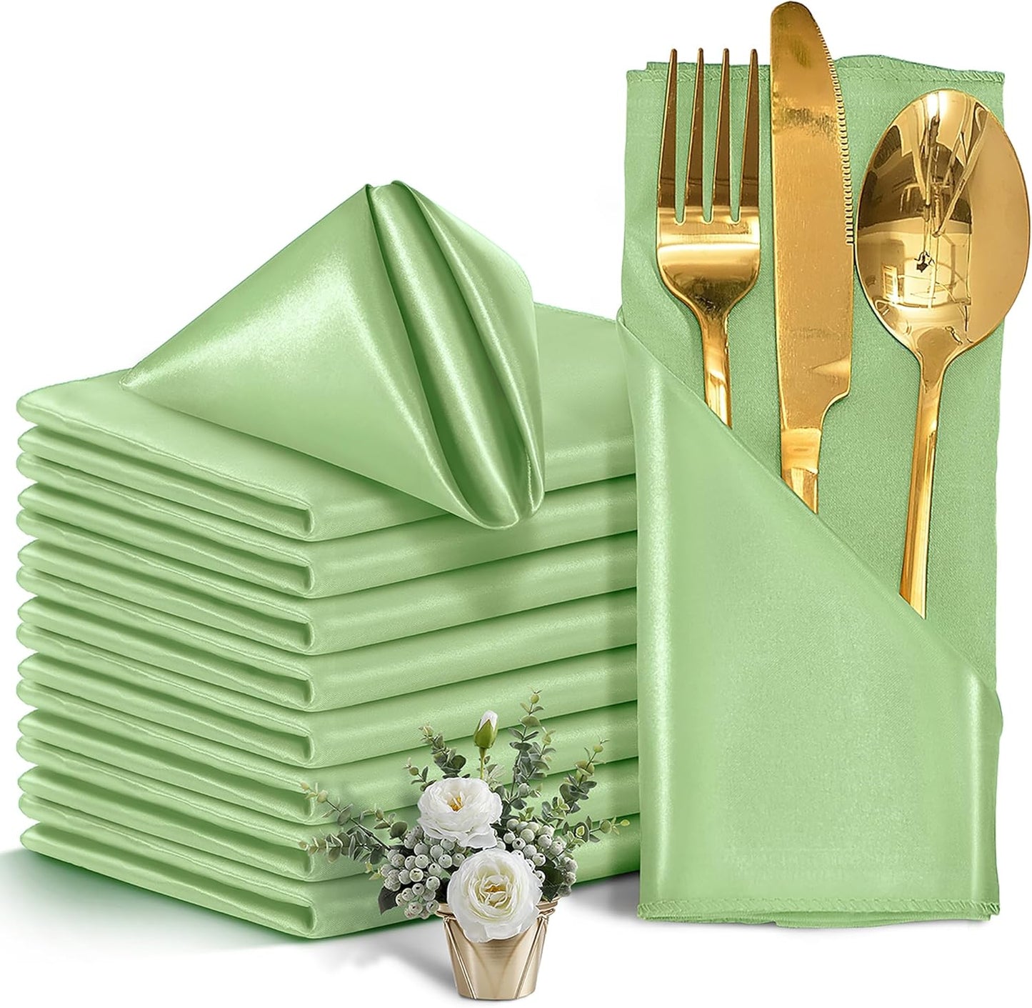 50 Pieces Sage Green Satin Napkins, 17" x 17" Square Table Napkins, Silky Soft Smooth Washable Napkins for Restaurant, Weddings, Dinner, Party Decoration