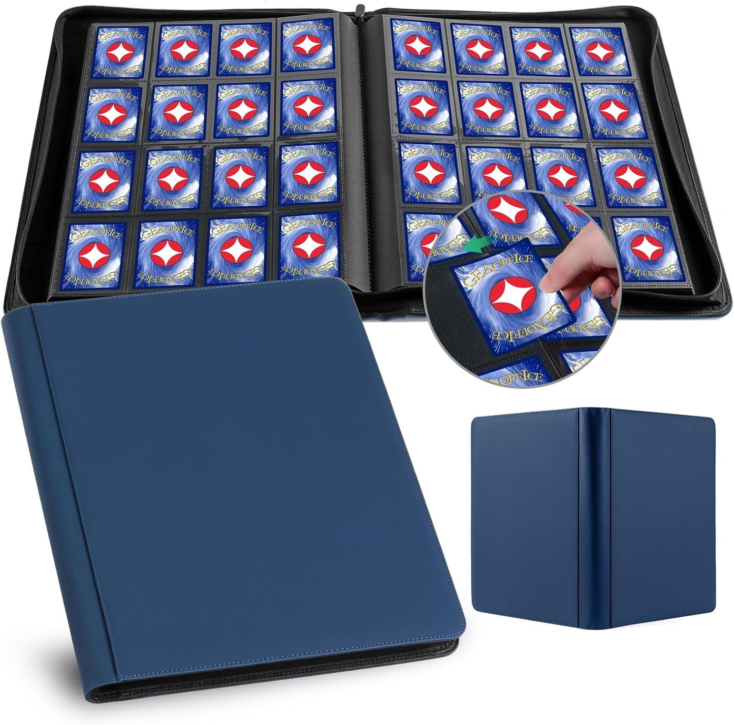 GEAoffice 16 Pockets Card Binder for 1000+ Cards, Premium Sturdy Card Holder Album, PU Cover Collection Binder for MTG, TCG, Game & Sports Cards, Navy Blue