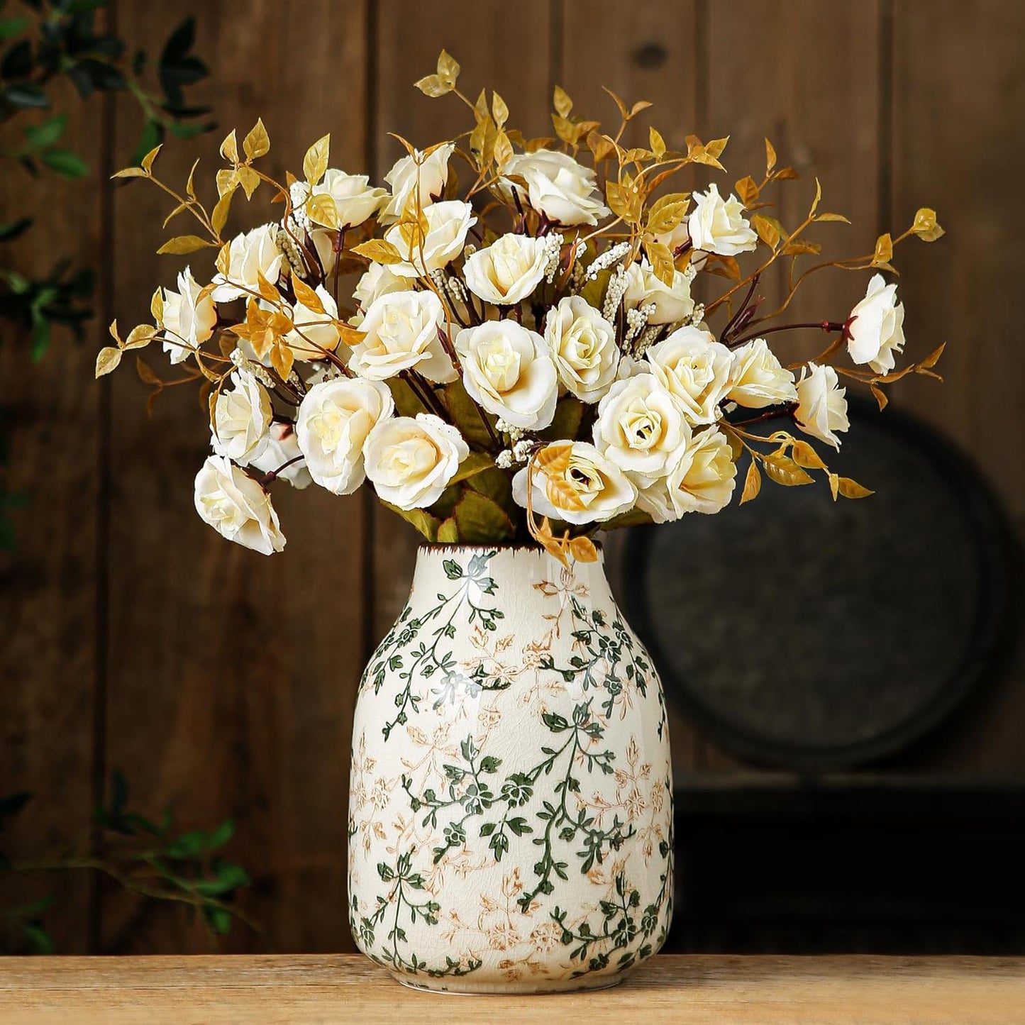 Green and Beige Vintage Vase, Chinoiserie Floral Vase, Rustic Ceramic Large Vases for Home Decors, Living Room, Bookshelf, Office, Grand Millennial Decor, Chinoiserie Decors, Tuscan Decor 7.8 Inch