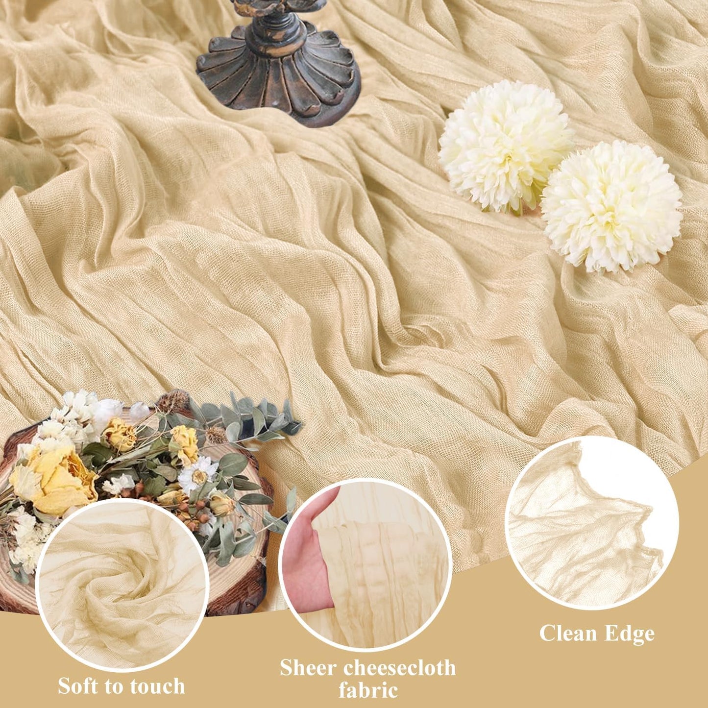 Asee'm 2pcs Cheesecloth Table Runner 120 Inches Long Sand Boho Gauze Cheese Cloth Runner 10FT Rustic Sheer Table Runners for Christmas Wedding Party Baby Shower Spring Easter Decoration