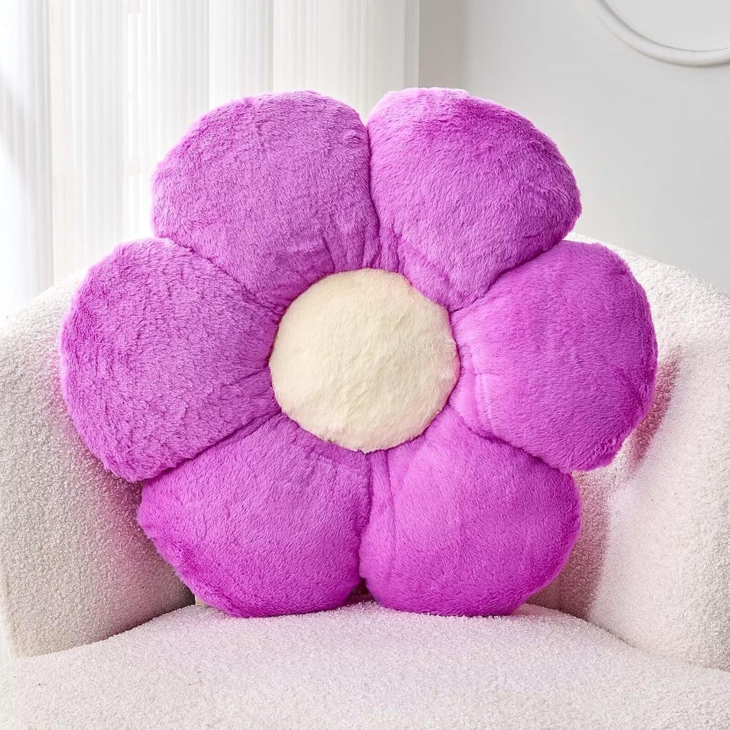 Purple Flower Plush Throw Pillow, Cute Decorative Flower Shaped with Faux Rabbit Fur, 19.6" Soft Throw Pillow for Bedroom Living Room