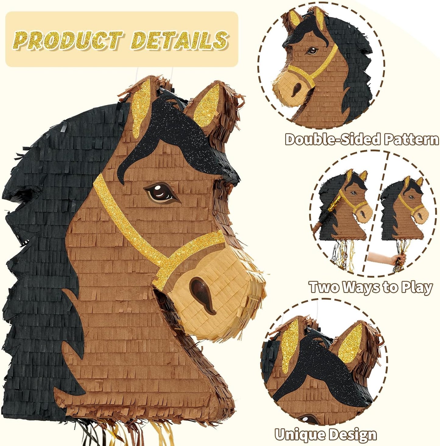 WERNNSAI Horse Piñata - Brown Horse Party Decorations Hanging Cowboy Piñata with Blindfold and Bat Western Cowboy Party Favors for Kids Boys Classroom Activities Game