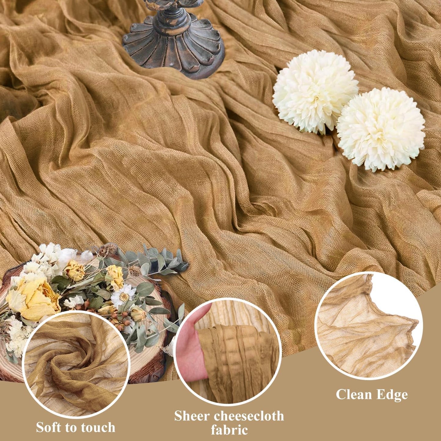 Asee'm 6pcs Cheesecloth Table Runner 120 Inches Long Khaki Boho Gauze Cheese Cloth Runner 10FT Rustic Sheer Table Runners for Christmas Wedding Party Baby Shower Spring Easter Decoration