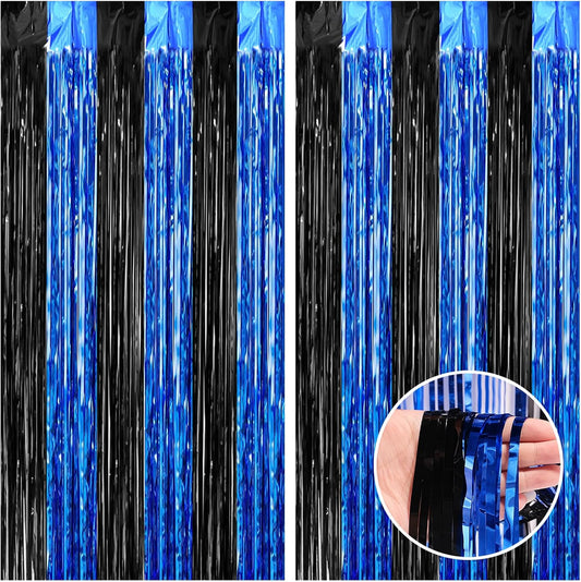 CANREVEL 2 Pack 3.3x8.2 Feet Black and Blue Foil Fringe Backdrop Curtains, Tinsel Streamers for Ocean Birthday Party Decorations, Graduation, Halloween, Under The Sea, Disco Party