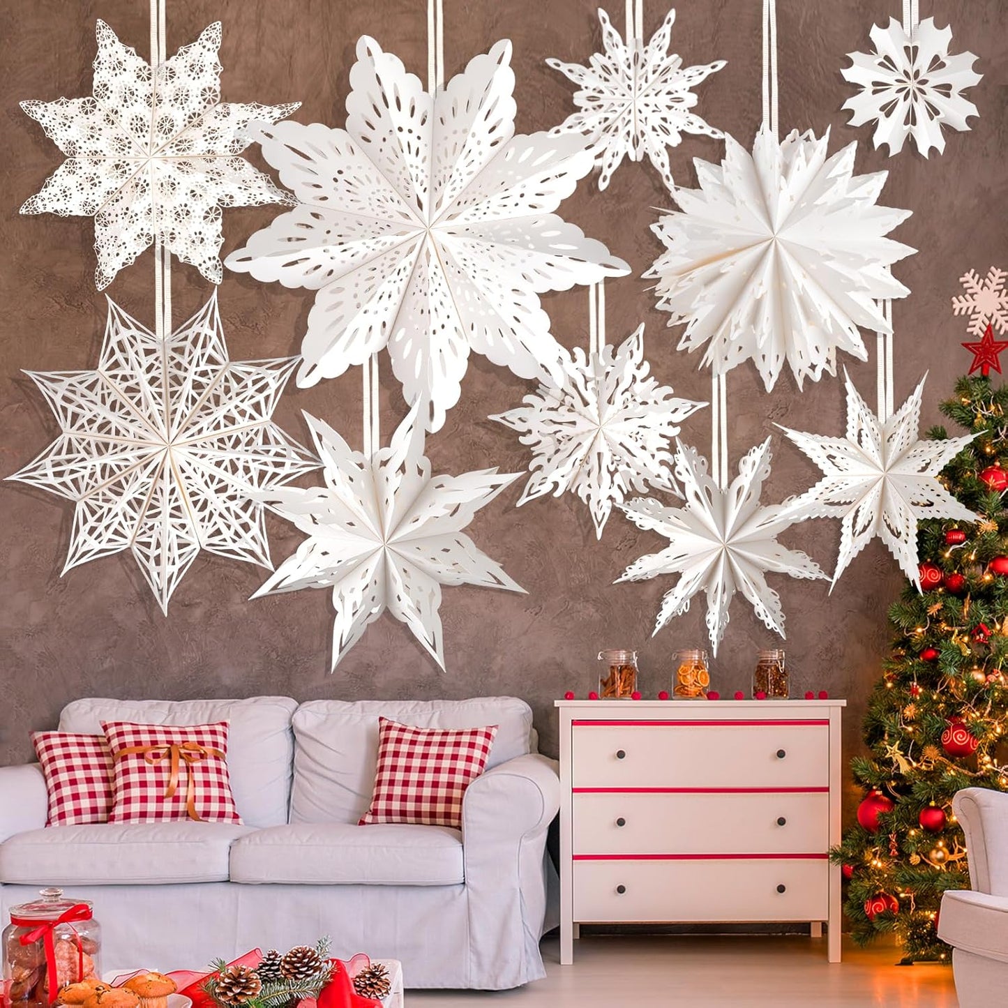10 Pcs Christmas Paper Snowflake Lanterns, Large Christmas Paper Star Lanterns with LED Lights White Hanging Snowflake Lamp Ornaments for Xmas Winter Frozen Weddings Birthday Holiday Party Decorations