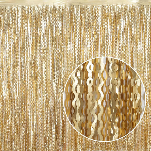 4 Pack Wavy Champagne Gold Metallic Tinsel Foil Fringe Curtains Backdrop - 3.3X6.6ft Foil Fringe Backdrop for Parties | Door Streamers for Birthday | Photo Booth Backdrops Party Decor