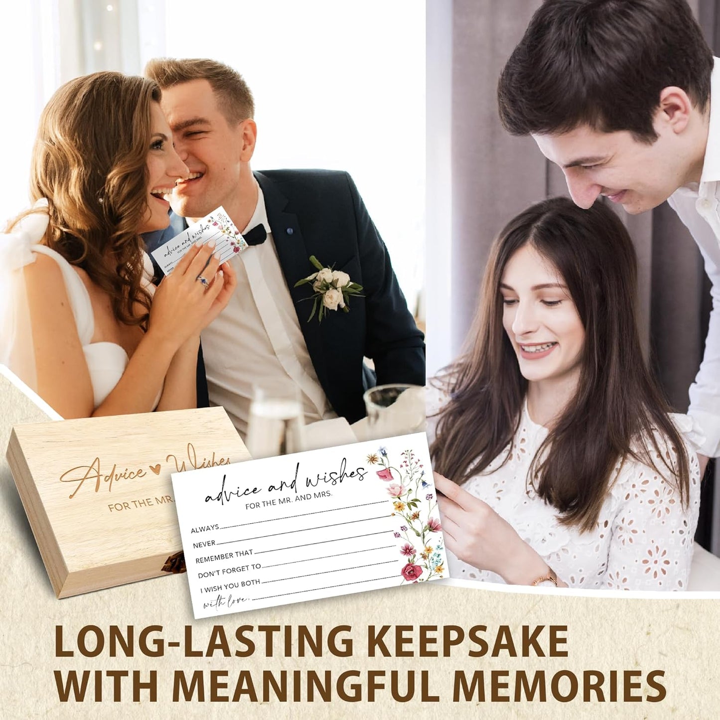Wildflower Advice and Wishes for the Mr and Mrs - 50 Packs Wedding Advice Cards Bridal Shower Game Cards with Box Reception Guest Book for Bride Groom Newlywed Engagement Party Decoration -A04