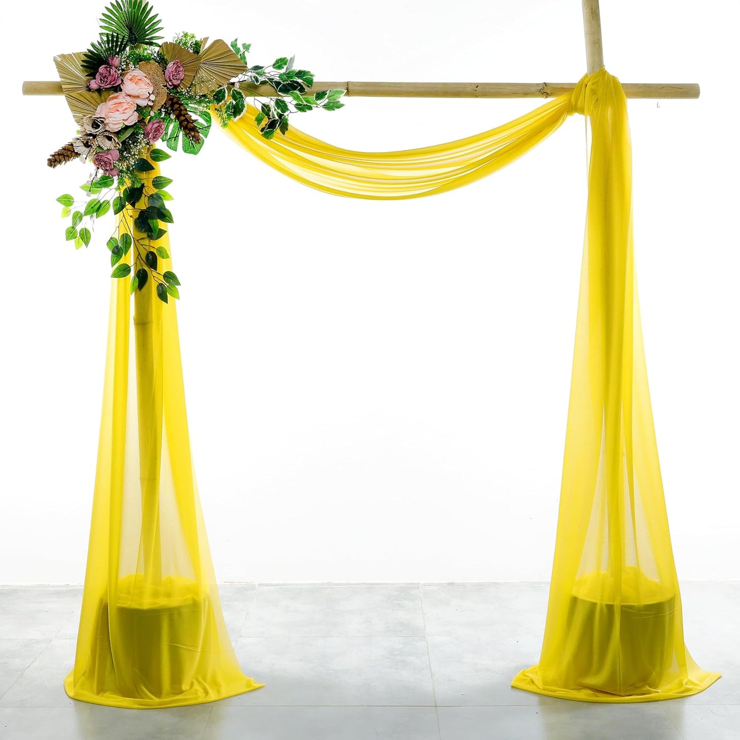 VDS Pack of 2 Panel (30 Inch X 50 Feet) Wedding Arch Draping Fabric Sheer Chiffon Fabric Drapery for Wedding Ceremony Reception Swag Backdrop Canopy Chuppah ARBO Altars Decoration (Yellow)