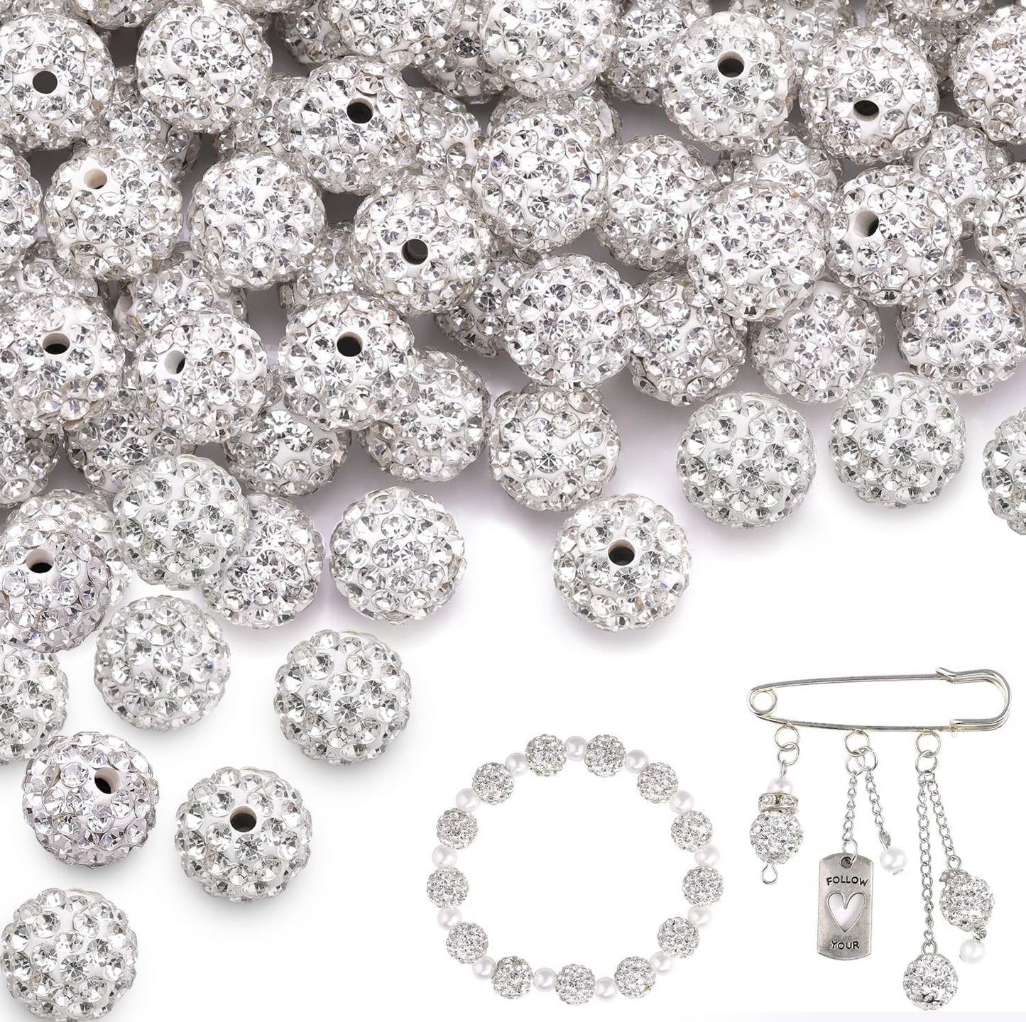 150 pcs 10mm Rhinestone Beads for Jewelry Making, White Shiny Round Shamballa Disco Beads Bulk, Sparkle Crystal Clay Christmas for Bracelet Baseball Necklace Earring Crafting and DIY