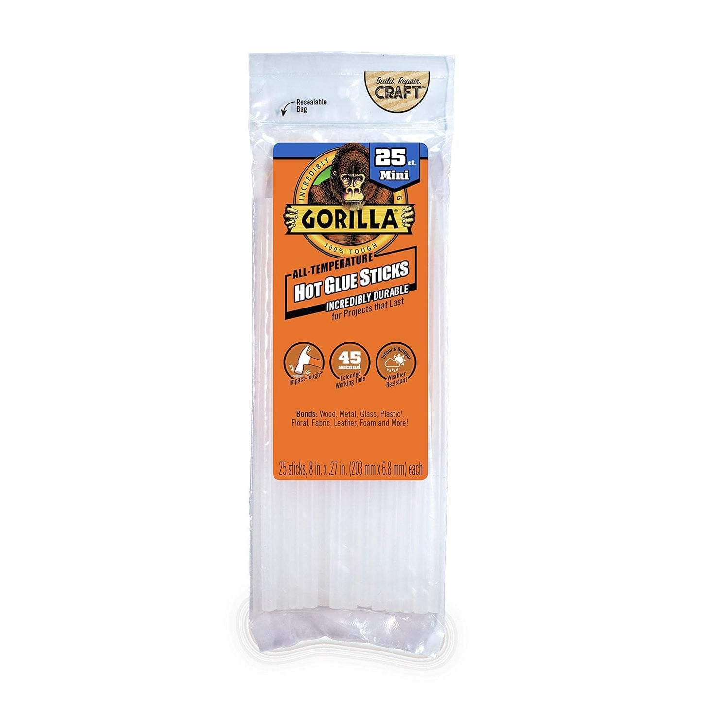 Gorilla Hot Glue Sticks, Clear Glue, Mini Size 8" Long x 0.27" Diameter, 25 Count (Pack of 1) - Safe for All Temperatures with Extended Working Time