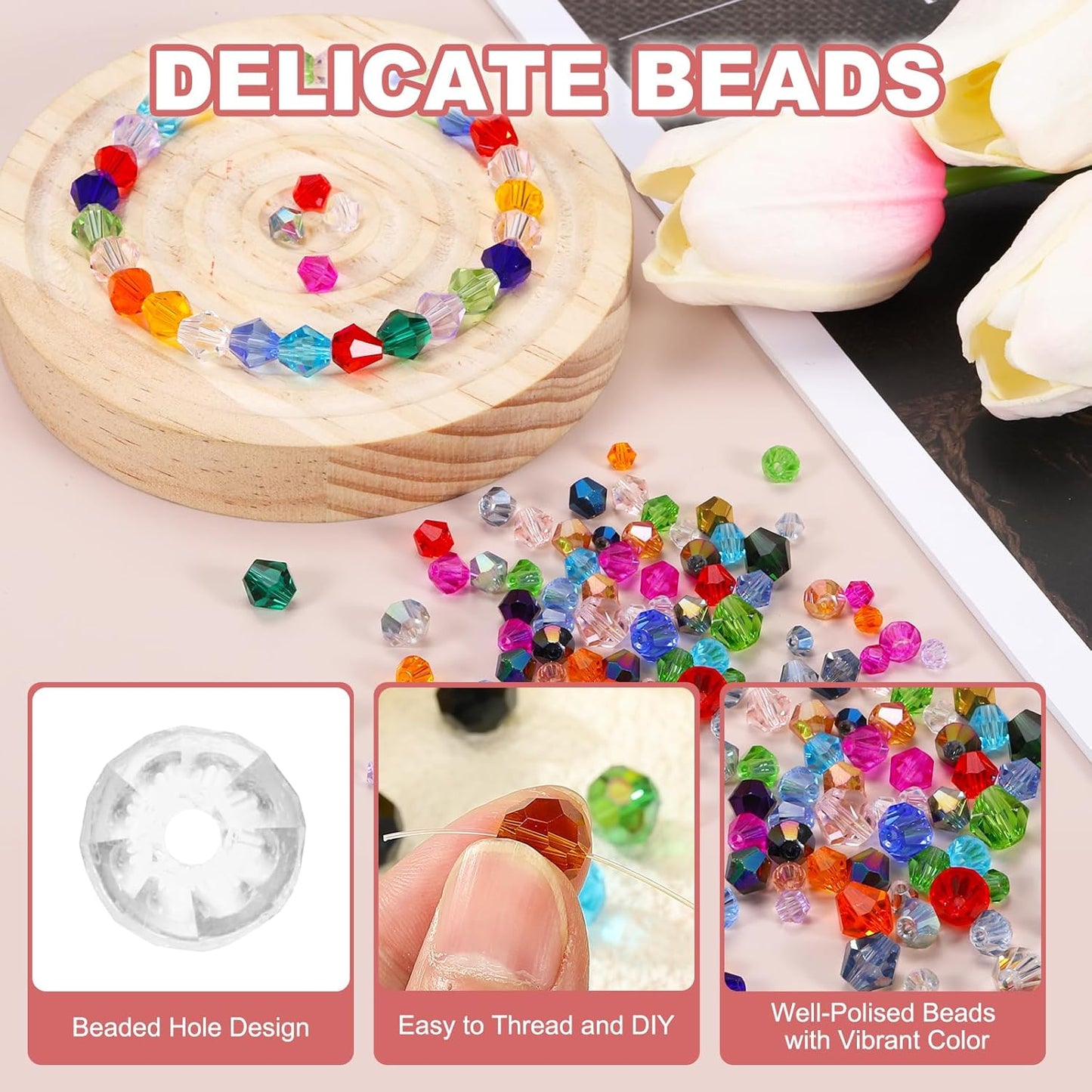 PATIKIL 1000pcs 4mm Bicone Glass Crystal Beads, Faceted Glass Spacer Beads with Box for Jewelry Making Bracelet Necklace Earrings DIY Suncatcher Craft, Pure White