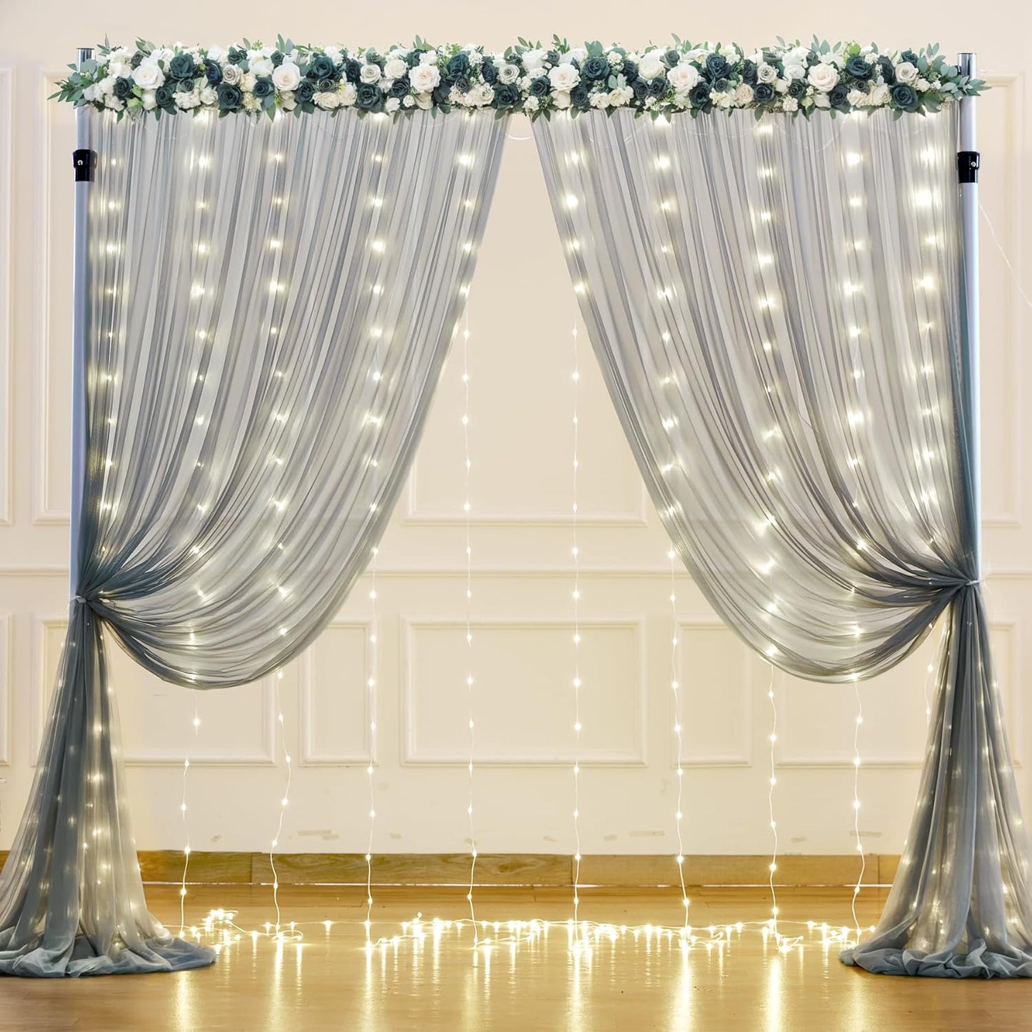 Silver Grey Tulle Backdrop Curtain with Lights String for Parites 10x10ft Sheer Backdrop Curtains for Birthday Party Bridal Shower Baby Shower Wedding Ceremony Prom Photo Booth Background Decorations