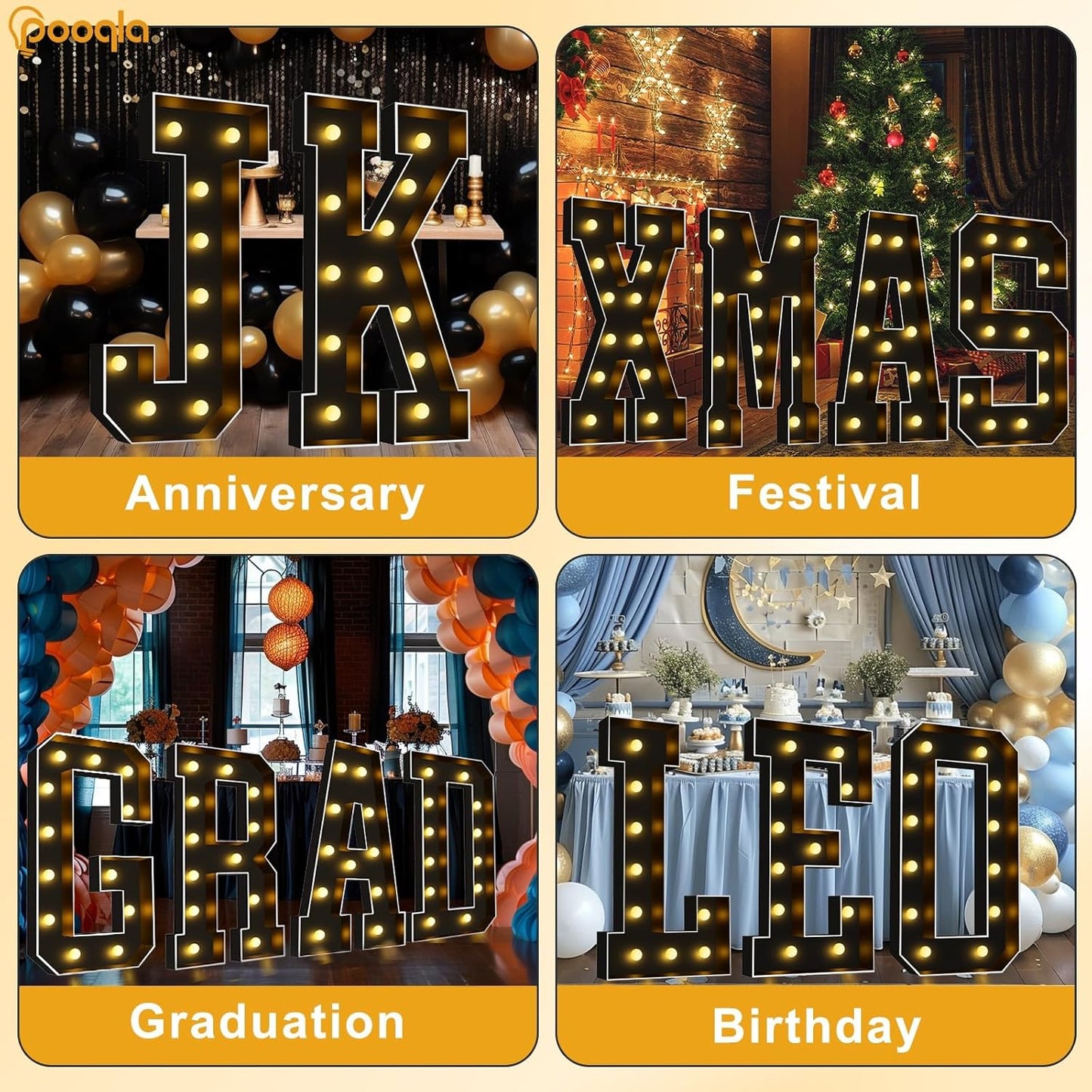 Pooqla 4 FT Marquee Light Up Letters, Black Letter Lights 4 Feet Tall, Giant Sign Big Mosaic for Balloons Birthday Party Anniversary Wedding Decorations, Warm White S