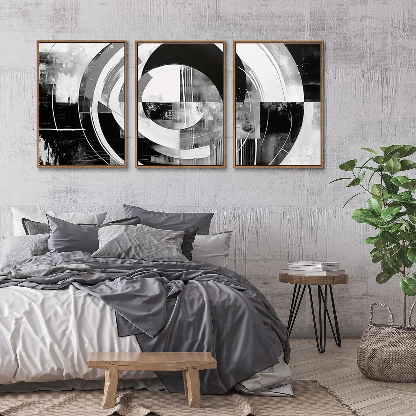 myusuar 3 Piece Large Modern Abstract Canvas Framed Wall Art For Living Room, Black And White Rings Minimalist Wall Art Decor Posters Prints For Bedroom Office, 24x36in