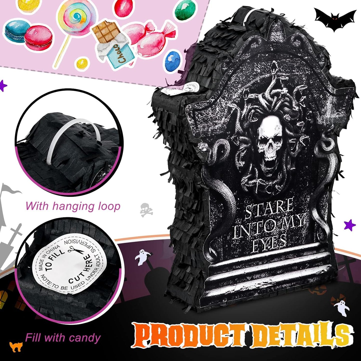 Halloween Tombstone Piñata Halloween Confetti Spooky Ghost Piñata with Stick Paper Eye Mask for Party Birthday Parties Events Themed Fillable for Candy Treat (Tombstone)
