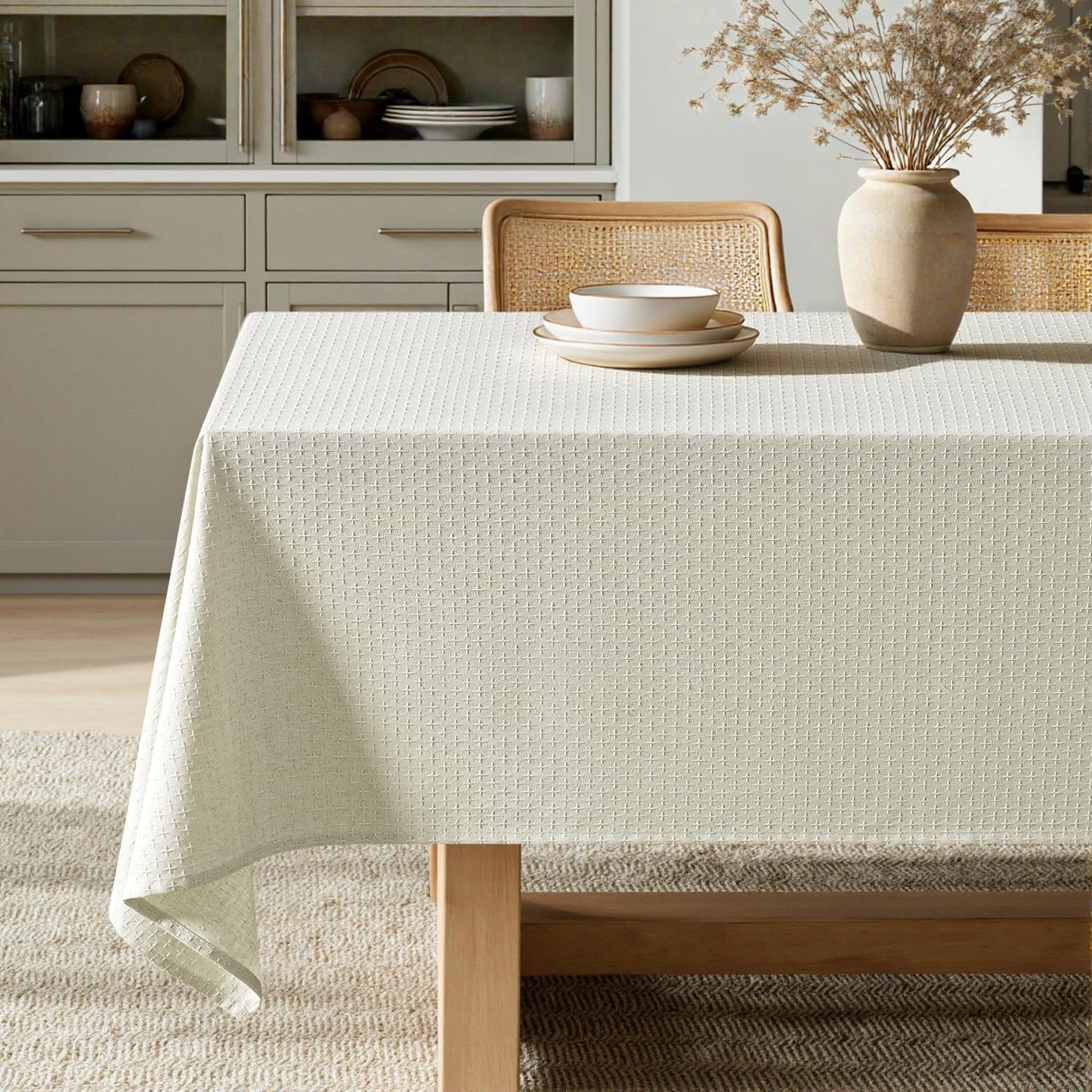 MIULEE Ivory Linen Cottton Table Cloth Rectangle Tablecloth Waterproof Spillproof Cross-Star Textured Table Cltoth Decorative Farmhouse Style for Dining Party Weddings 52x70 Inch